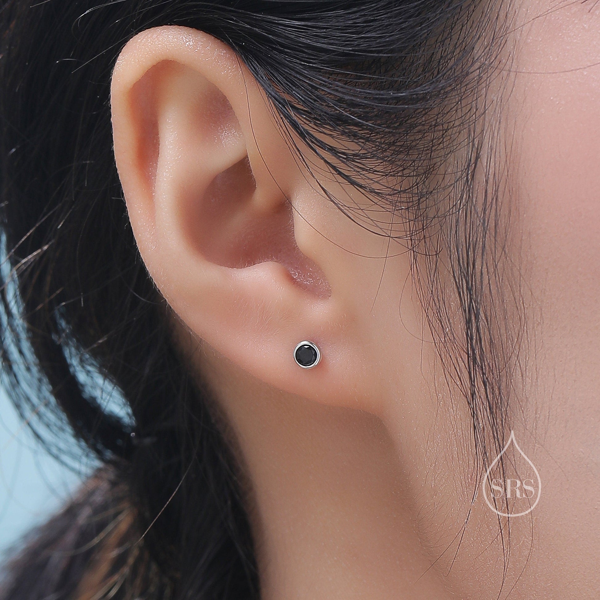 Black CZ Bezel  Internally Threaded Flat Back / Screw Back Earrings in Sterling Silver, Silver or Gold or Rose Gold, CZ Barbell Earrings