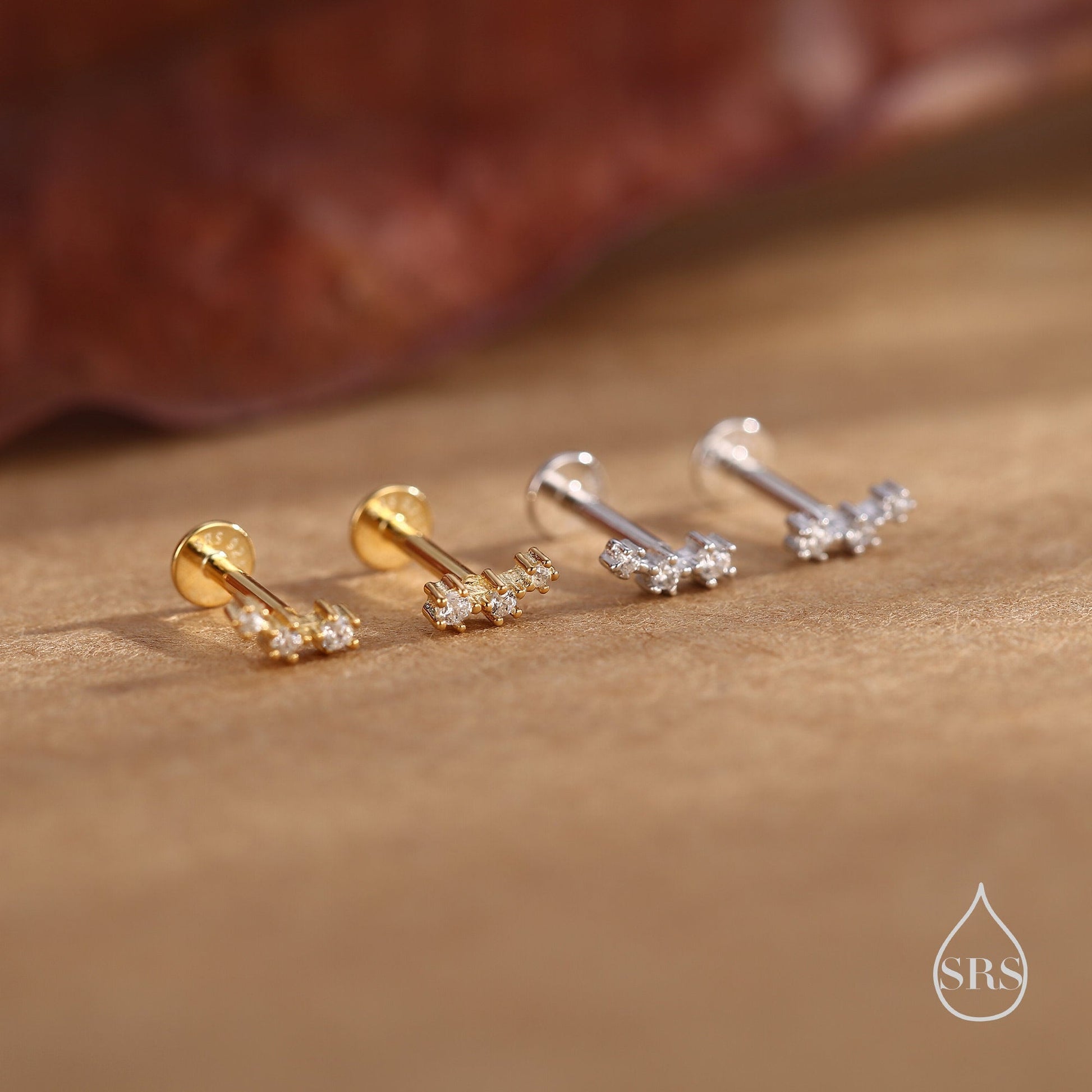 Tiny CZ Trio Internally Threaded Flat Back /Screw Back Earrings in Sterling Silver, Silver or Gold, Geometric Tiny Three Star Earrings