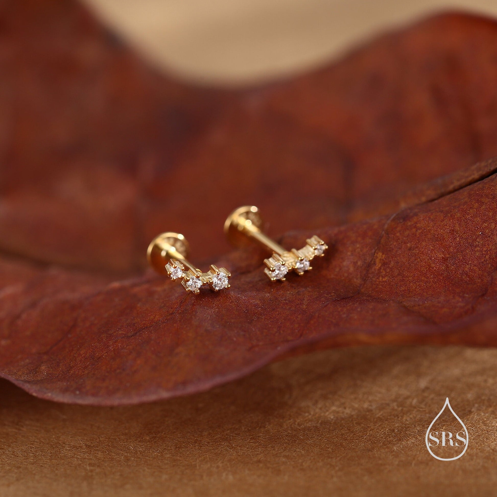 Tiny CZ Trio Internally Threaded Flat Back /Screw Back Earrings in Sterling Silver, Silver or Gold, Geometric Tiny Three Star Earrings