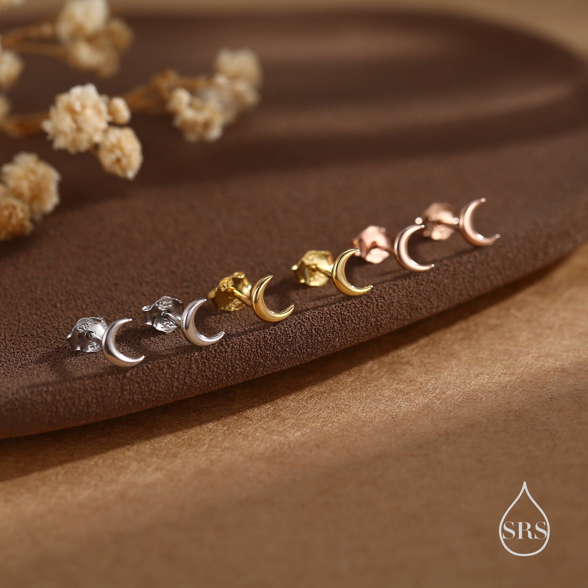 Tiny Moon Earrings in Sterling Silver, Silver or Gold or Rose Gold, Available as Flat Back / Screw Back Earrings, Celestial Earrings,