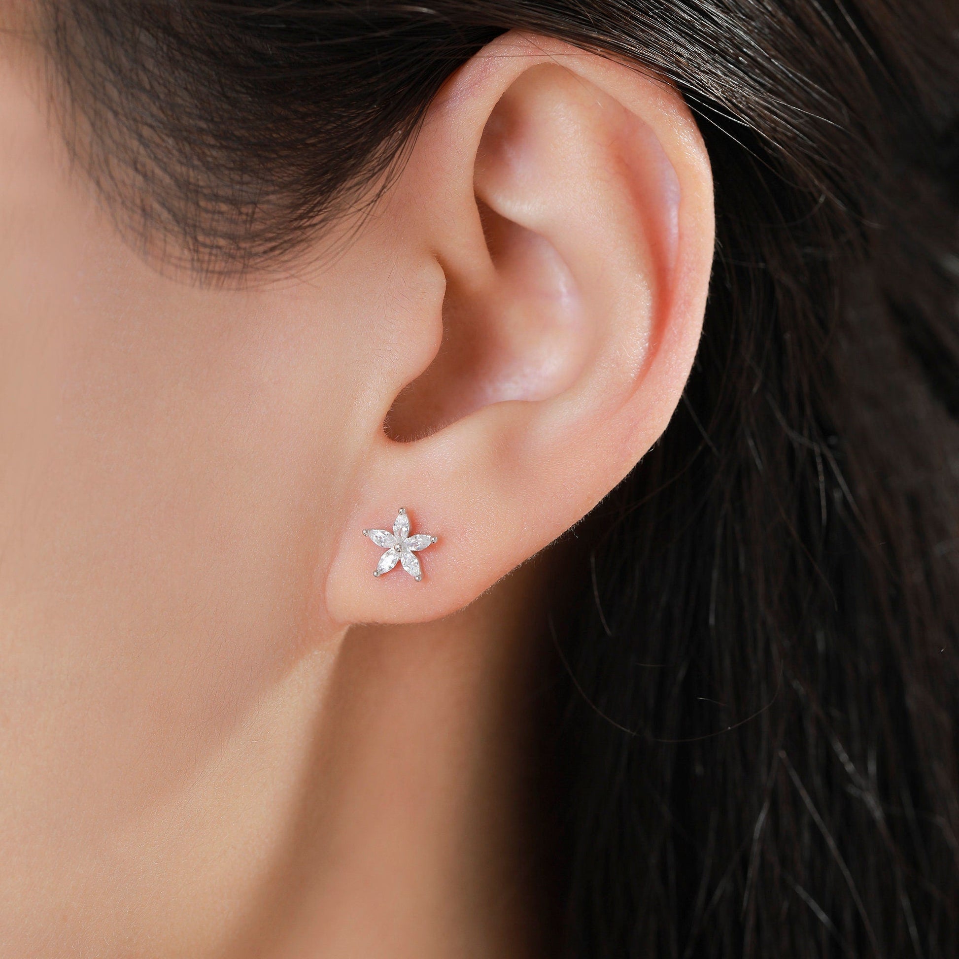 Sterling Silver CZ Flower Internally Threaded Flat Back /Screw Back Earrings,  Gold or Silver or Rose Gold, Marquise CZ Screw Back Earrings