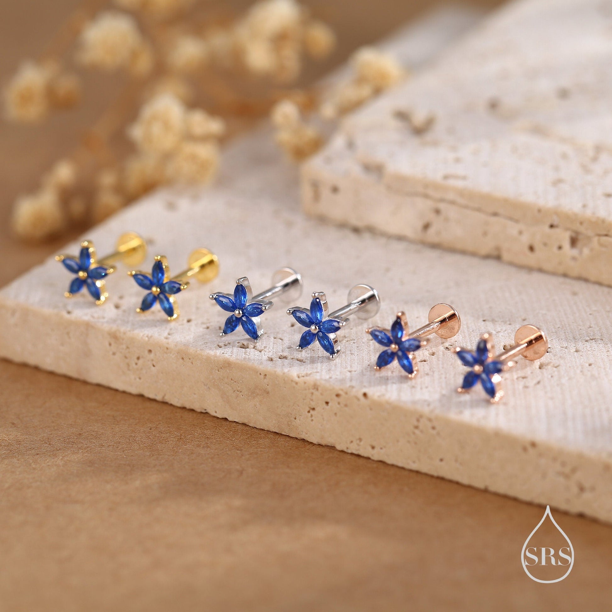 Blue CZ Flower Internally Threaded Flat Back Earrings / Screw Back Earrings in Sterling Silver,  Blue Forget-me-not CZ Flower Earrings