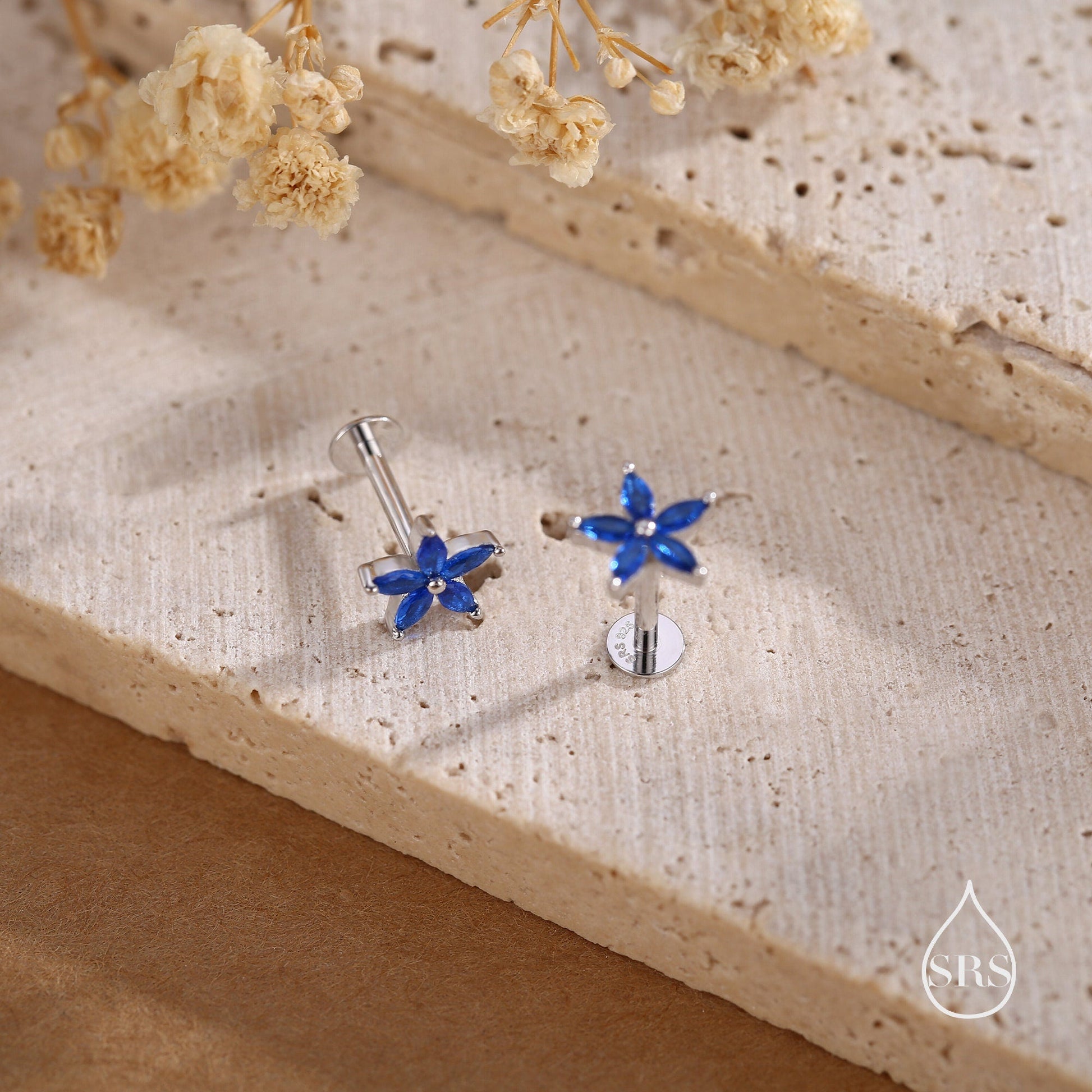 Blue CZ Flower Internally Threaded Flat Back Earrings / Screw Back Earrings in Sterling Silver,  Blue Forget-me-not CZ Flower Earrings