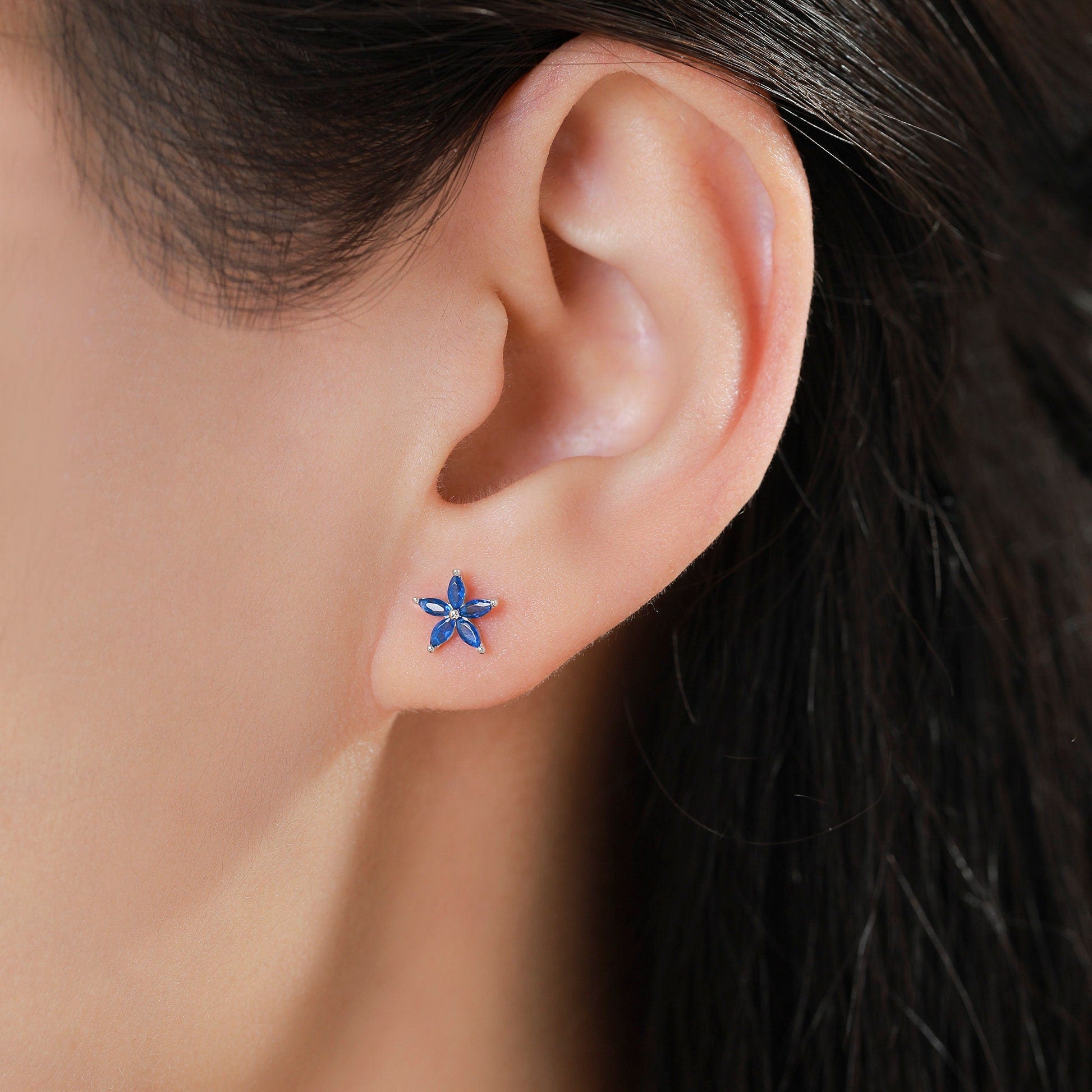 Blue CZ Flower Internally Threaded Flat Back Earrings / Screw Back Earrings in Sterling Silver,  Blue Forget-me-not CZ Flower Earrings