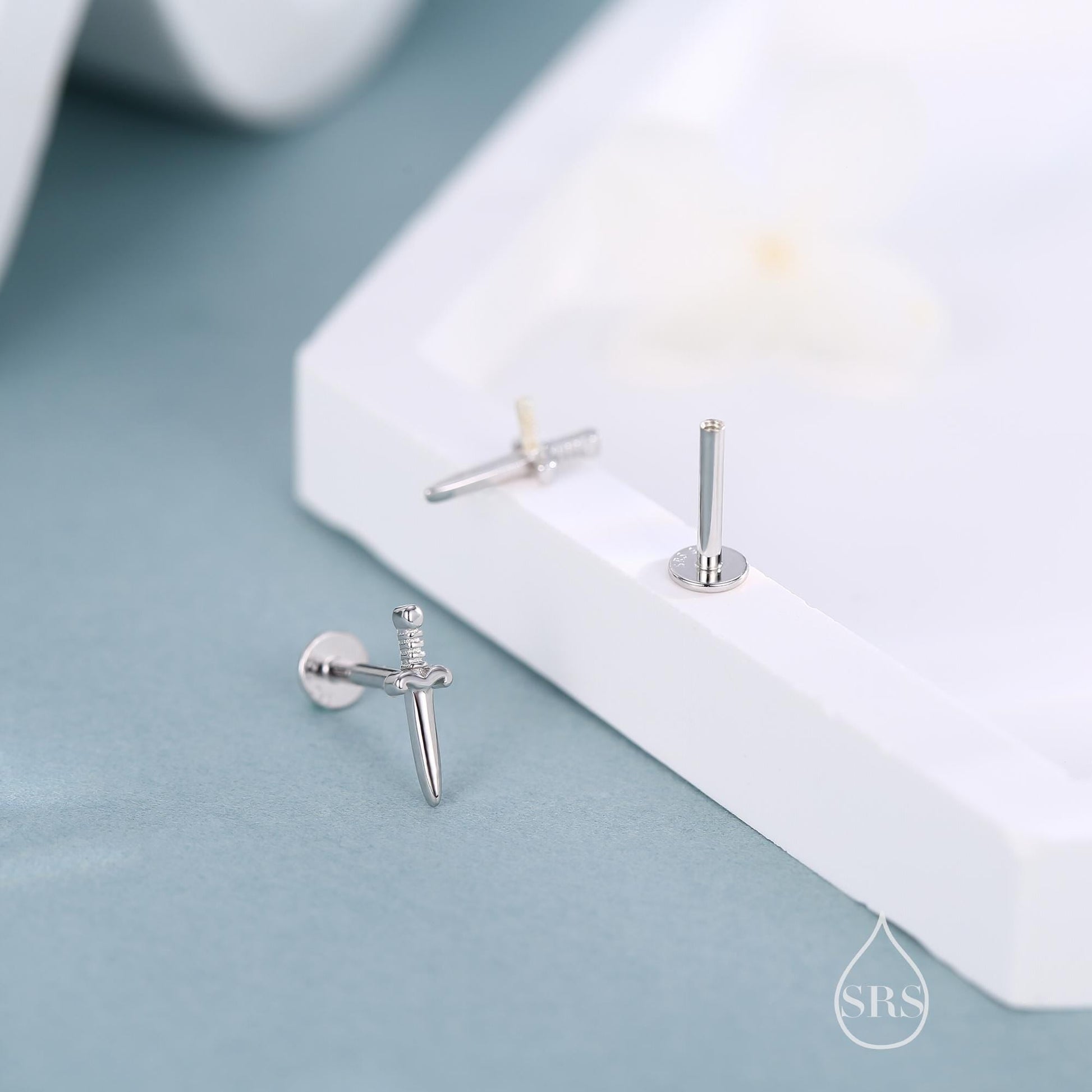 Tiny Dagger Sword Internally Threaded Flat Back Earrings / Stud Earrings in Sterling Silver - Stacking Earrings  - Ear Stacks