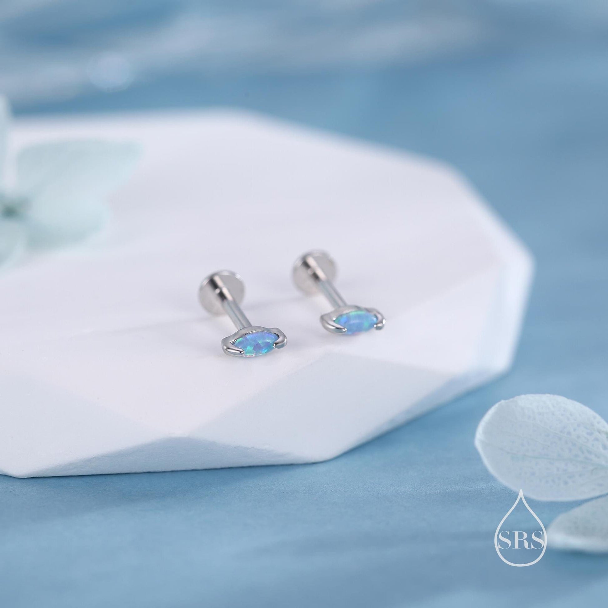 Sterling Silver Blue Opal Marquise Internally Threaded Flat Back Earrings/ Screw Back/ Stud Earrings,  Extra Tiny Marquise Stud