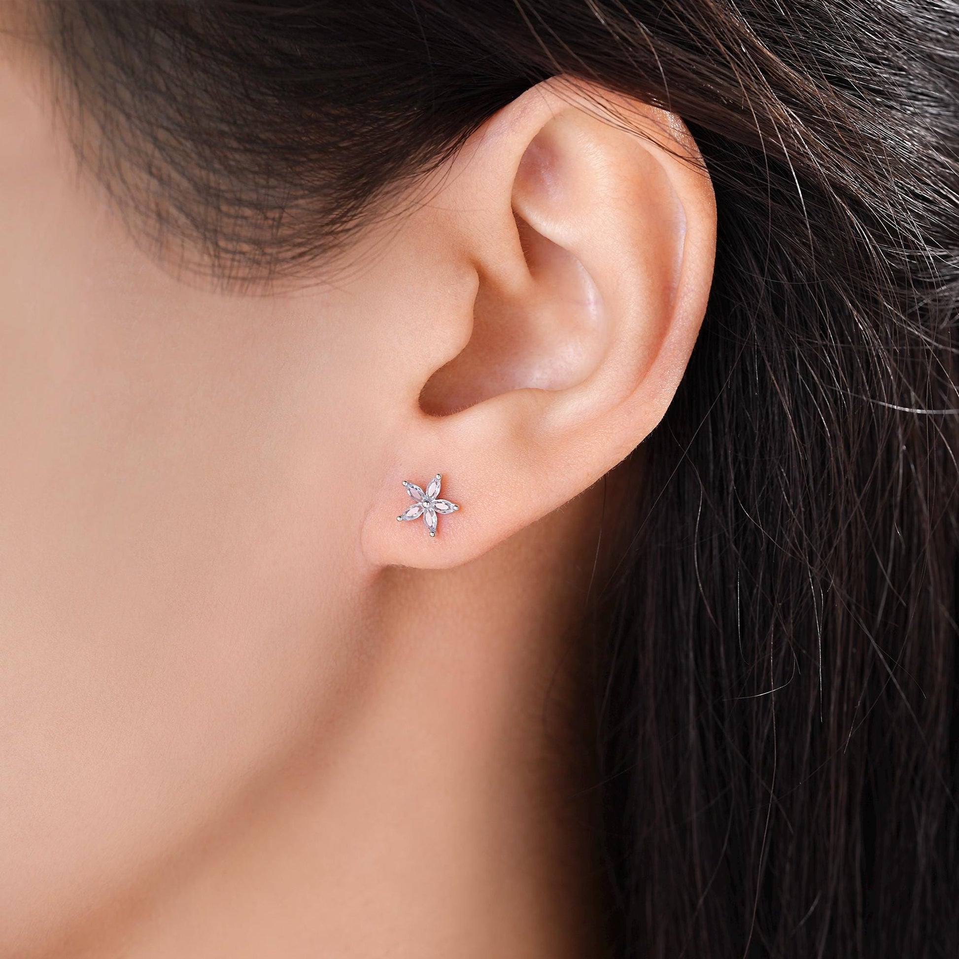 Tiny Aquamarine Blue CZ Flower Internally Threaded Flat Back Earrings in Sterling Silver, Silver or Gold or Rose Gold, Forget me not Earring