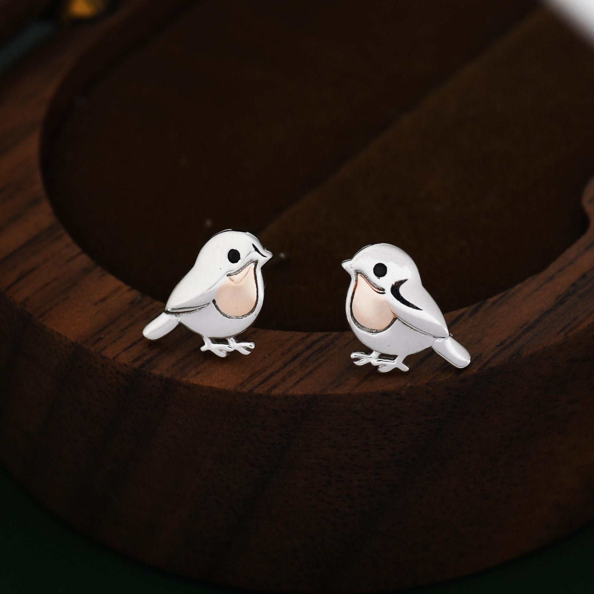 Baby Robin Bird Stud Earrings in Sterling Silver with Two Tone Finish - Partial Rose Gold Coating, British Garden Bird Earrings
