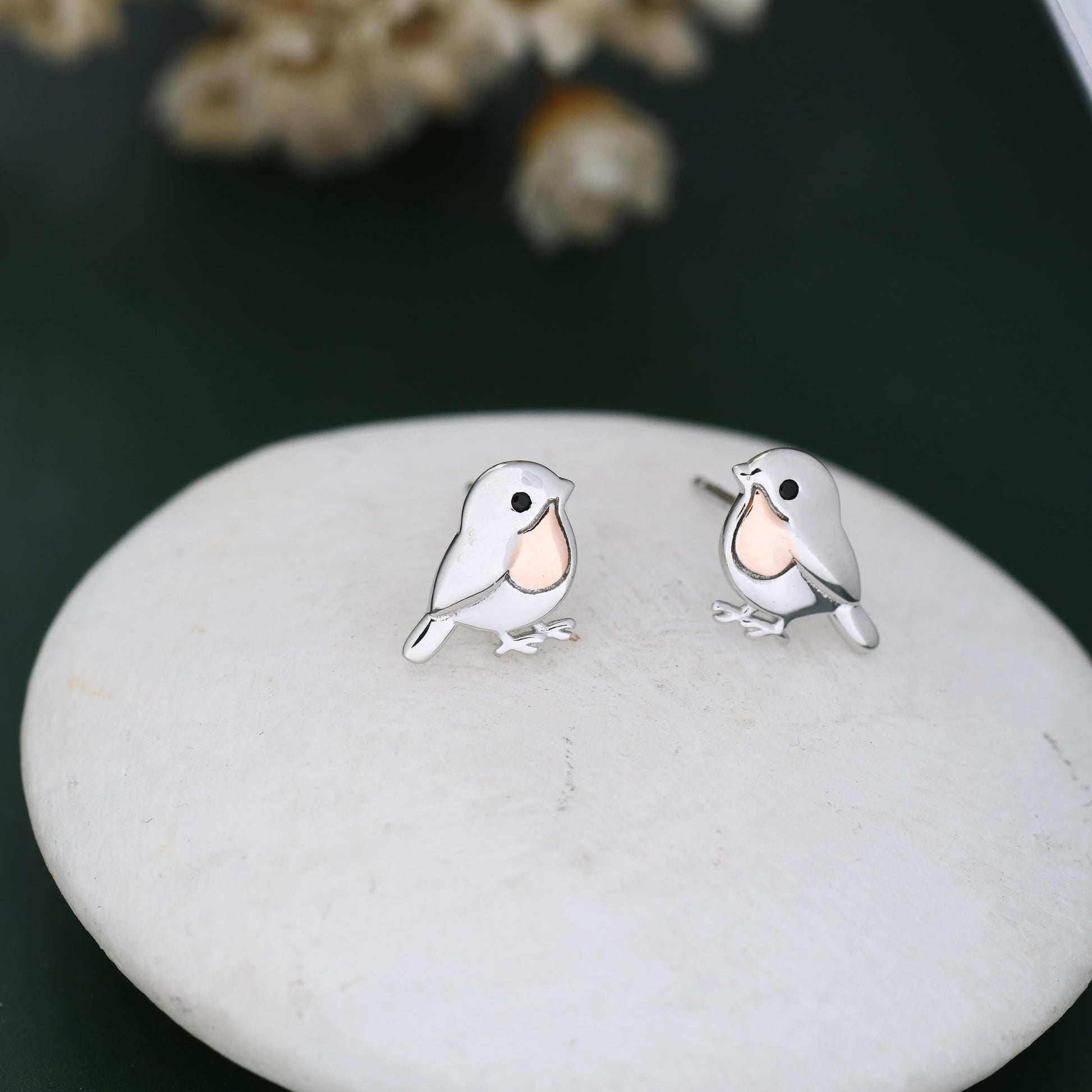 Baby Robin Bird Stud Earrings in Sterling Silver with Two Tone Finish - Partial Rose Gold Coating, British Garden Bird Earrings