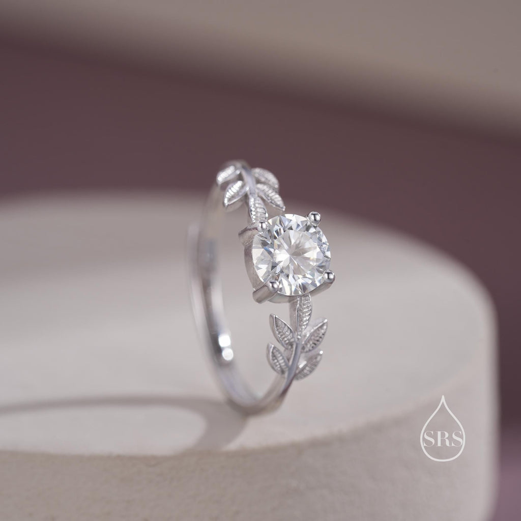 1 Carat Moissanite Stone and Leaf Ring in Sterling Silver, Adjustable Size, Botanical Jewellery