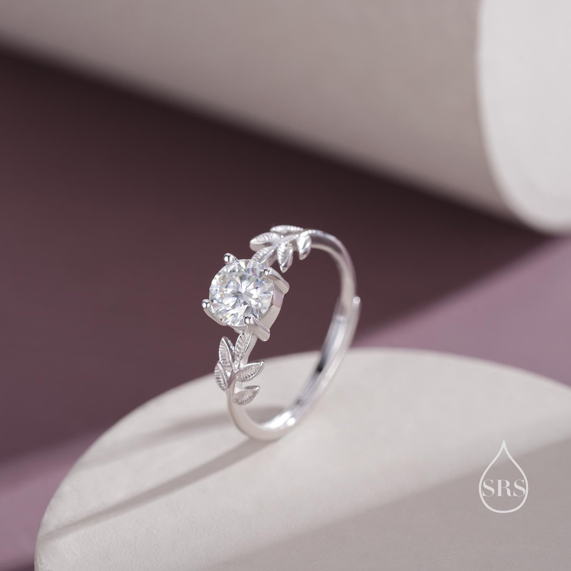 1 Carat Moissanite Stone and Leaf Ring in Sterling Silver, Adjustable Size, Botanical Jewellery