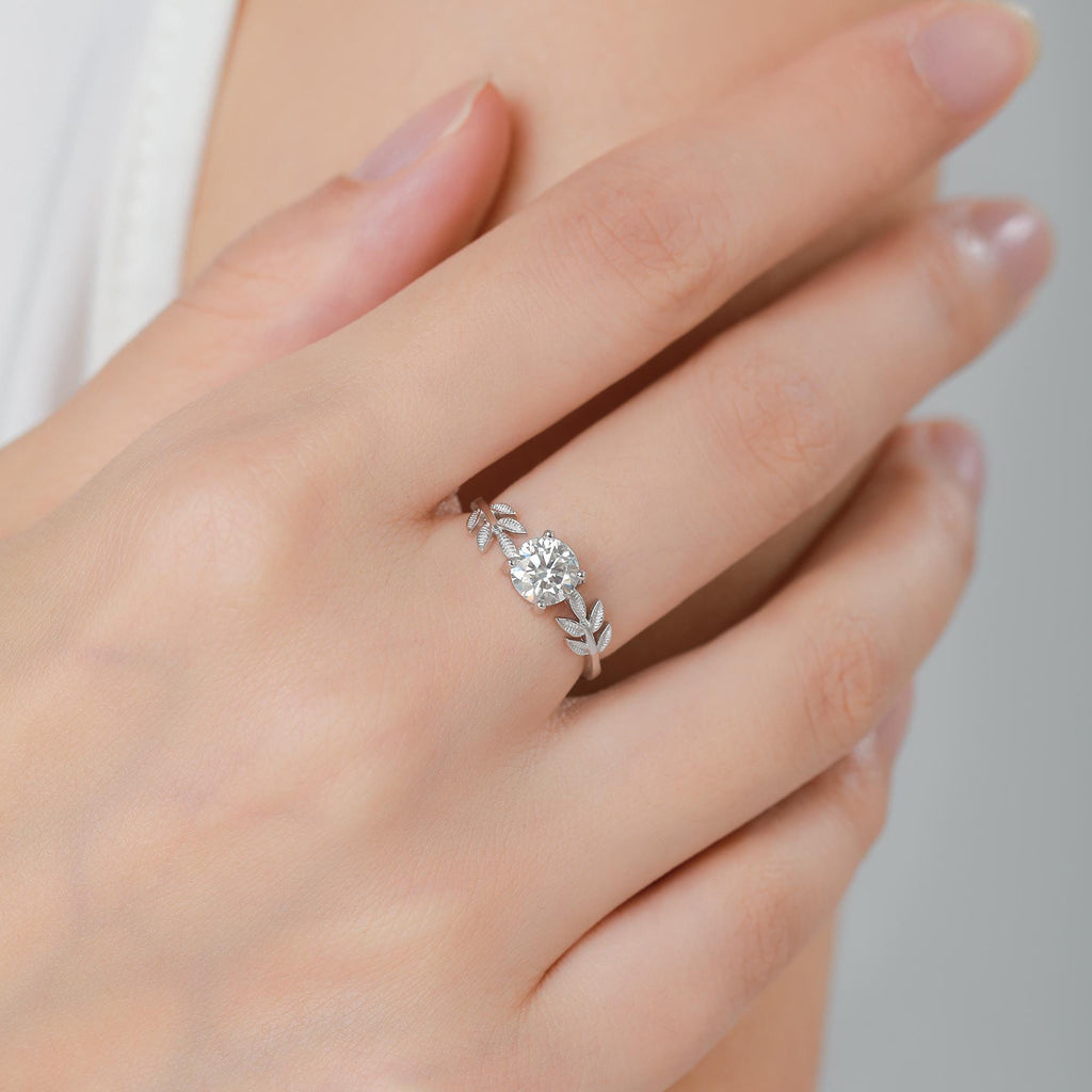 1 Carat Moissanite Stone and Leaf Ring in Sterling Silver, Adjustable Size, Botanical Jewellery