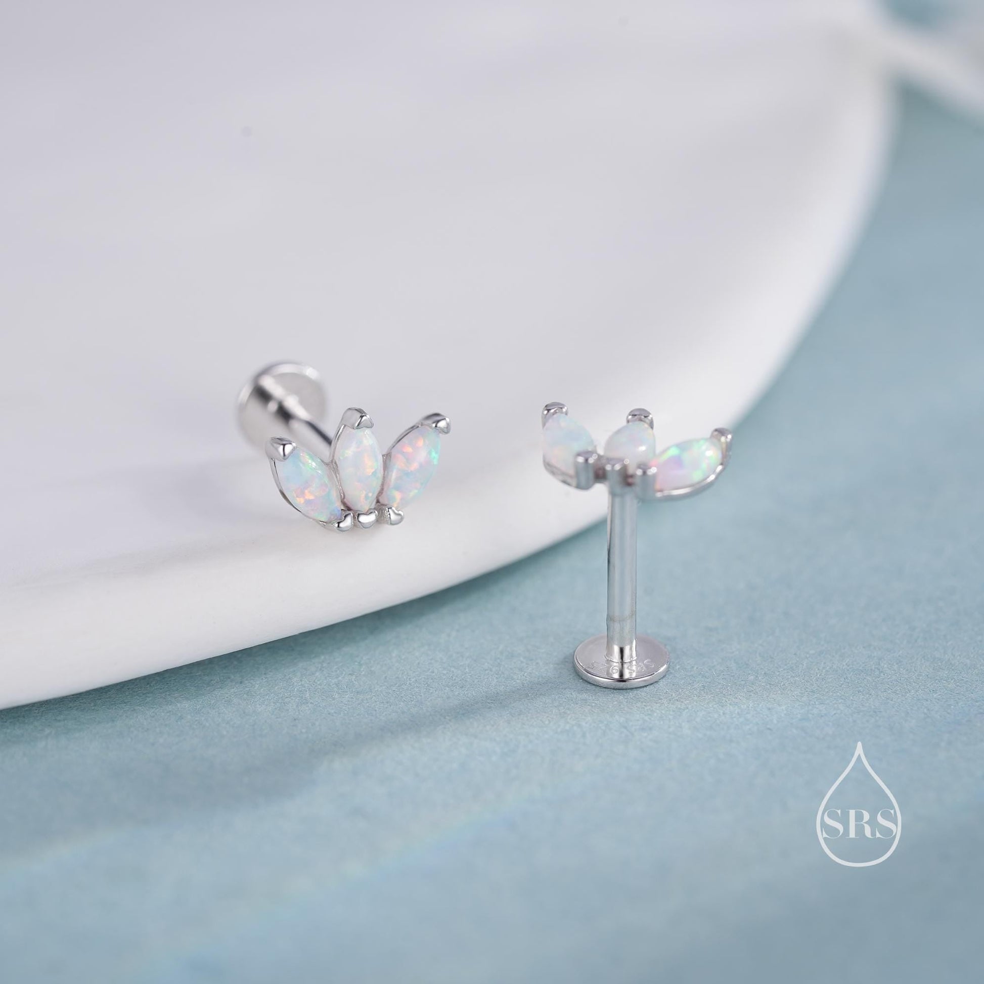 Sterling Silver White Opal Marquise Cluster Internally Threaded Flat Back/ Screw Back / Stud  Earrings, Marquise Fan Stud, Silver or Gold