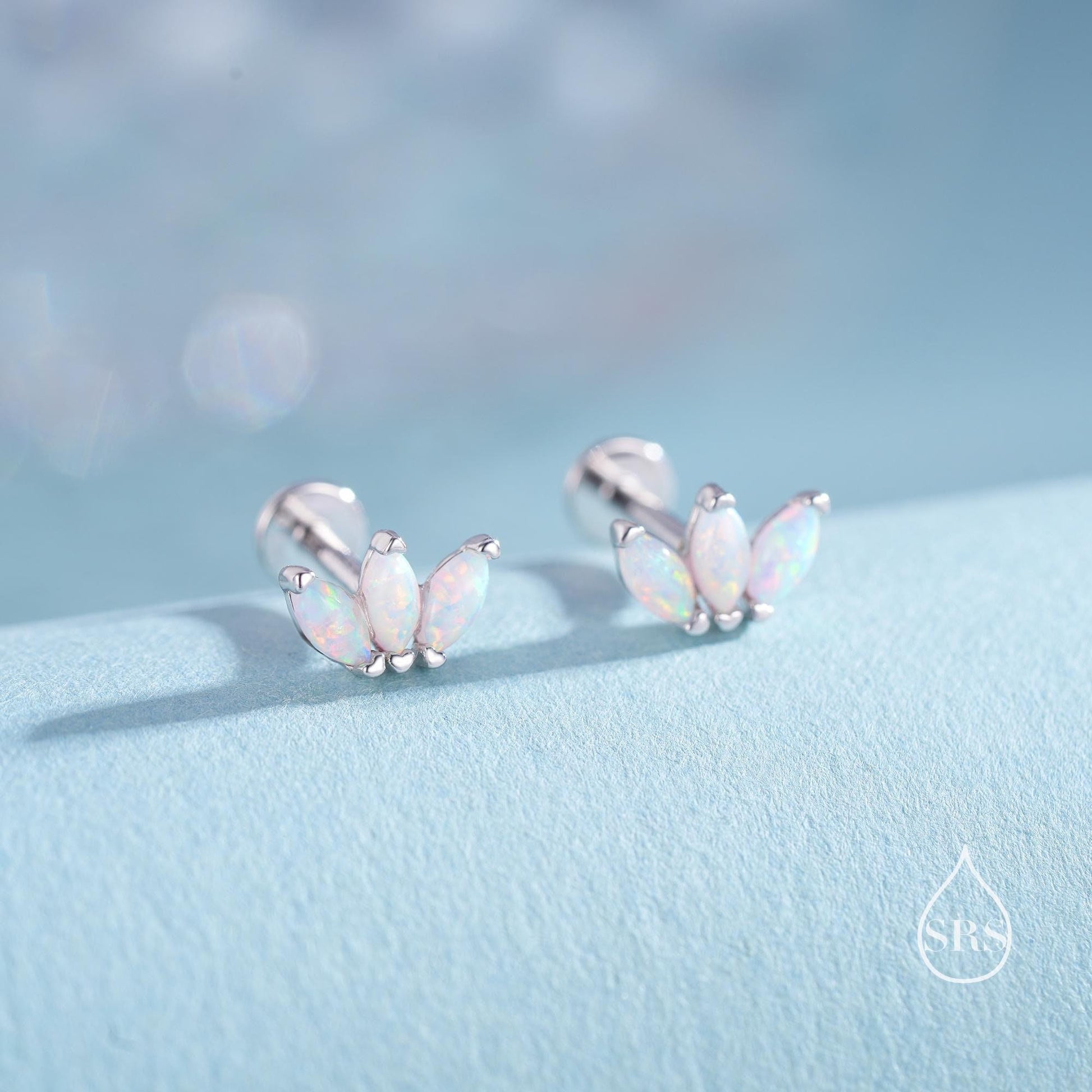 Sterling Silver White Opal Marquise Cluster Internally Threaded Flat Back/ Screw Back / Stud  Earrings, Marquise Fan Stud, Silver or Gold