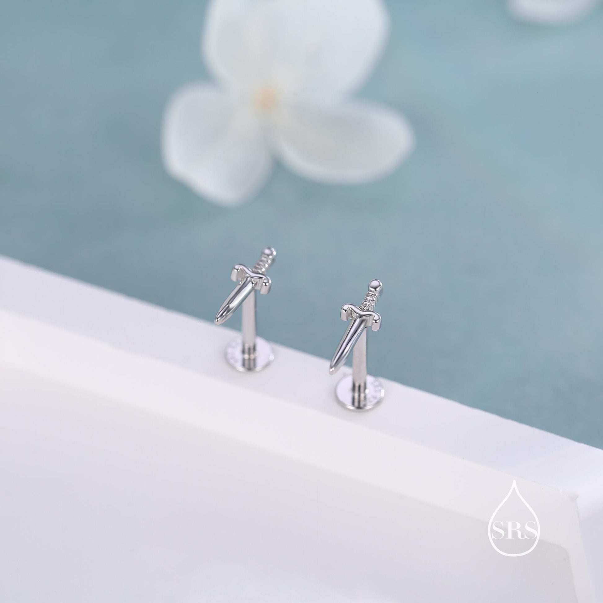 Tiny Dagger Sword Internally Threaded Flat Back Earrings / Stud Earrings in Sterling Silver - Stacking Earrings  - Ear Stacks