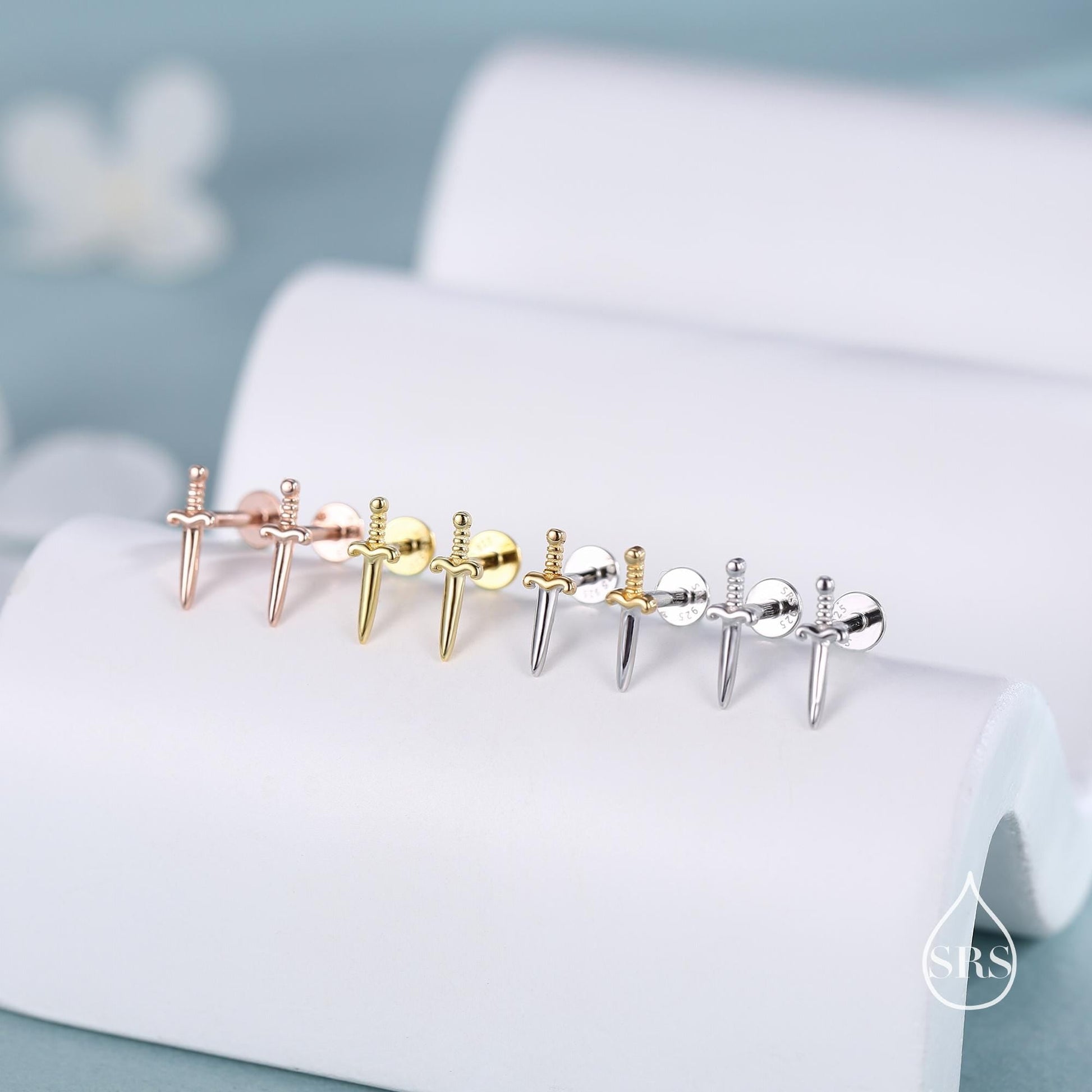 Tiny Dagger Sword Internally Threaded Flat Back Earrings / Stud Earrings in Sterling Silver - Stacking Earrings  - Ear Stacks