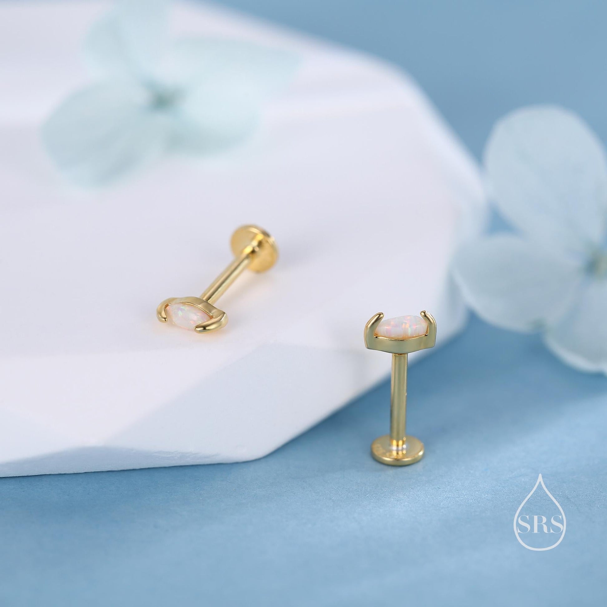 Sterling Silver White Opal Marquise Earrings, Stud/ Screw Back/ Internally Threaded Flat Back, Extra Tiny Marquise Opal Stud