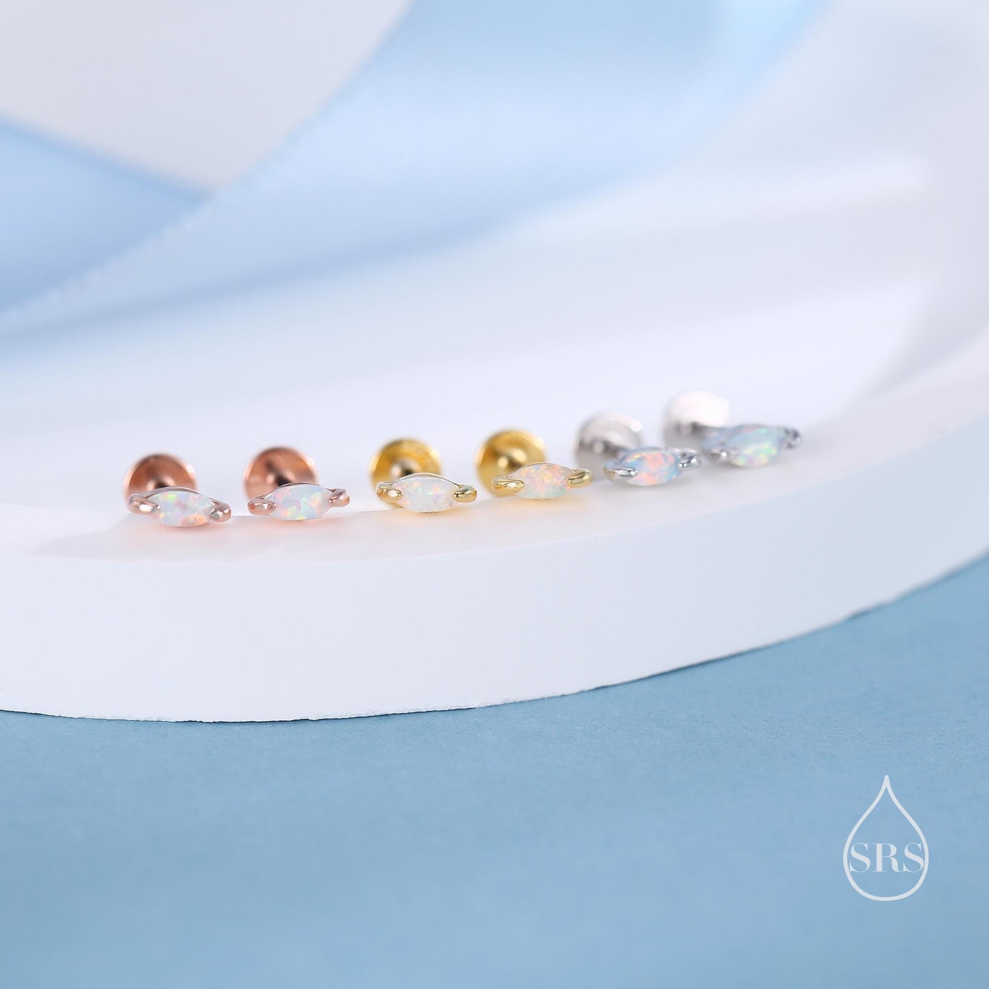 Sterling Silver White Opal Marquise Earrings, Stud/ Screw Back/ Internally Threaded Flat Back, Extra Tiny Marquise Opal Stud