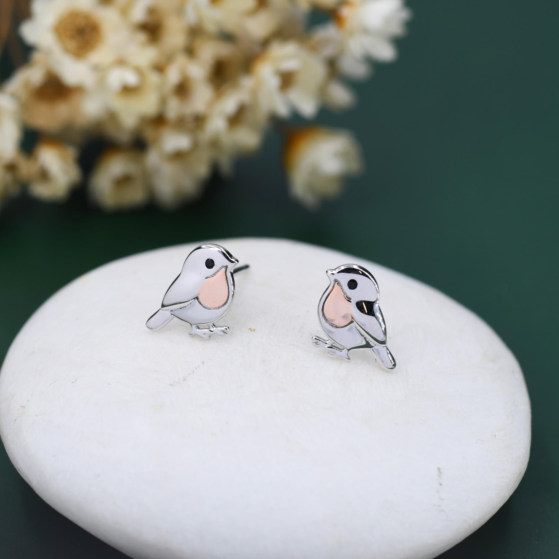 Baby Robin Bird Stud Earrings in Sterling Silver with Two Tone Finish - Partial Rose Gold Coating, British Garden Bird Earrings