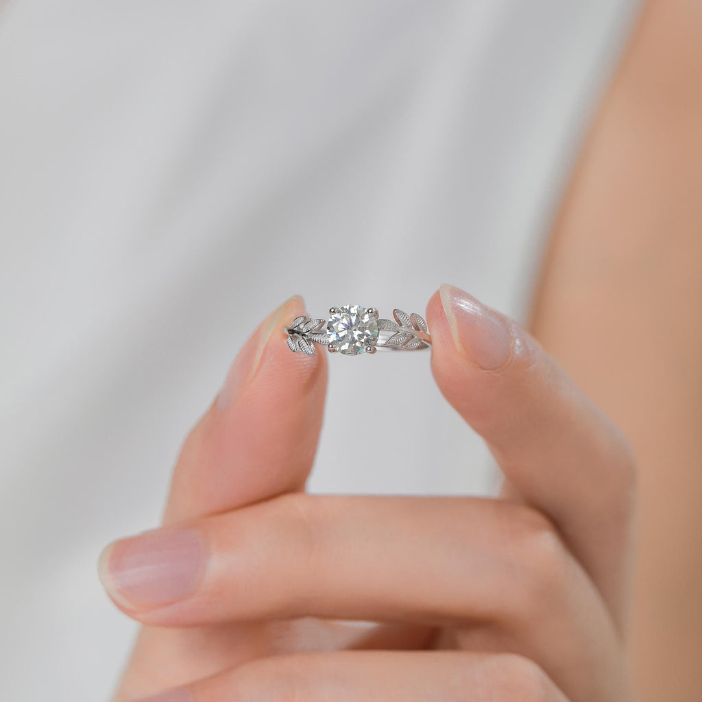 1 Carat Moissanite Stone and Leaf Ring in Sterling Silver, Adjustable Size, Botanical Jewellery