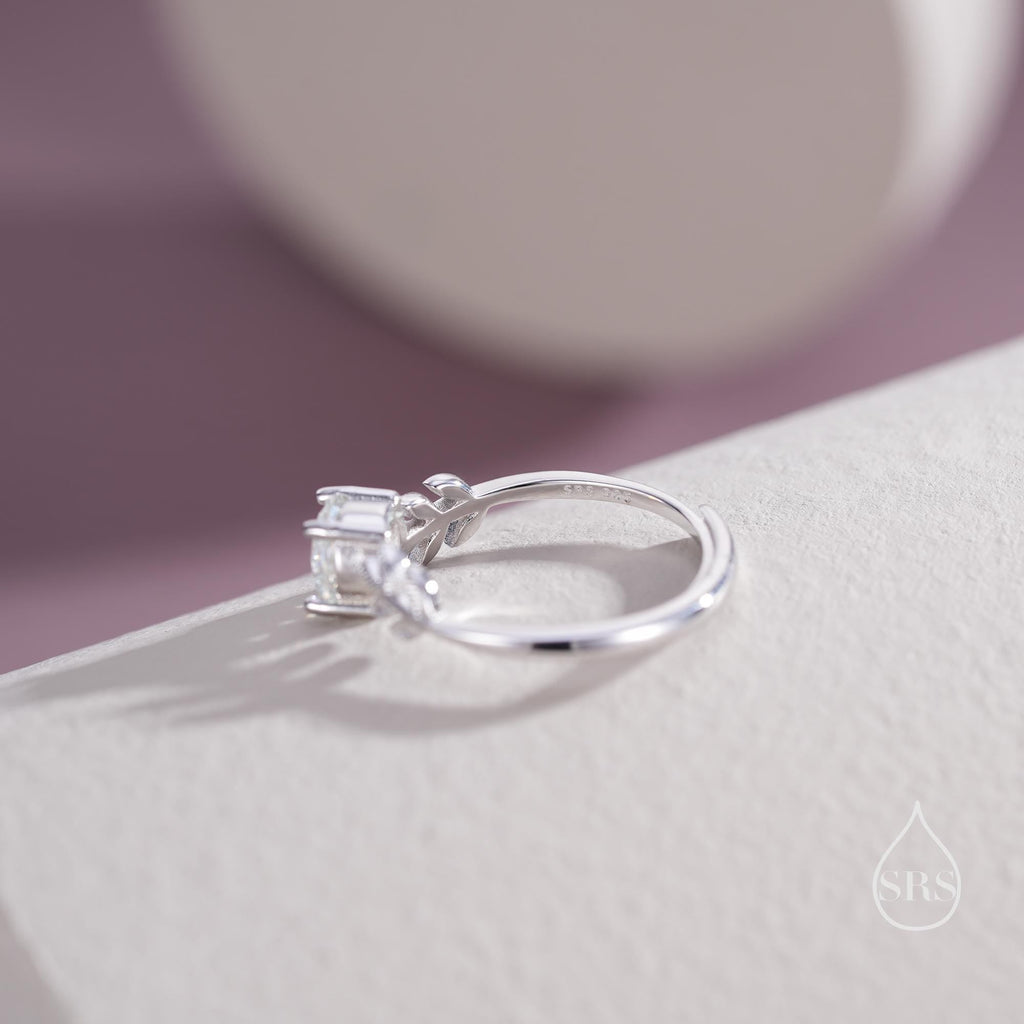 1 Carat Moissanite Stone and Leaf Ring in Sterling Silver, Adjustable Size, Botanical Jewellery