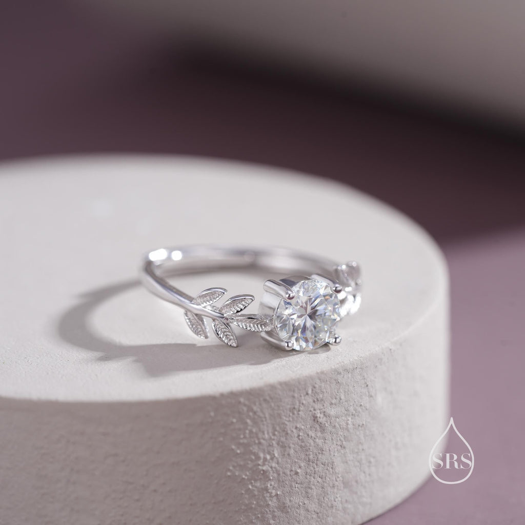 1 Carat Moissanite Stone and Leaf Ring in Sterling Silver, Adjustable Size, Botanical Jewellery