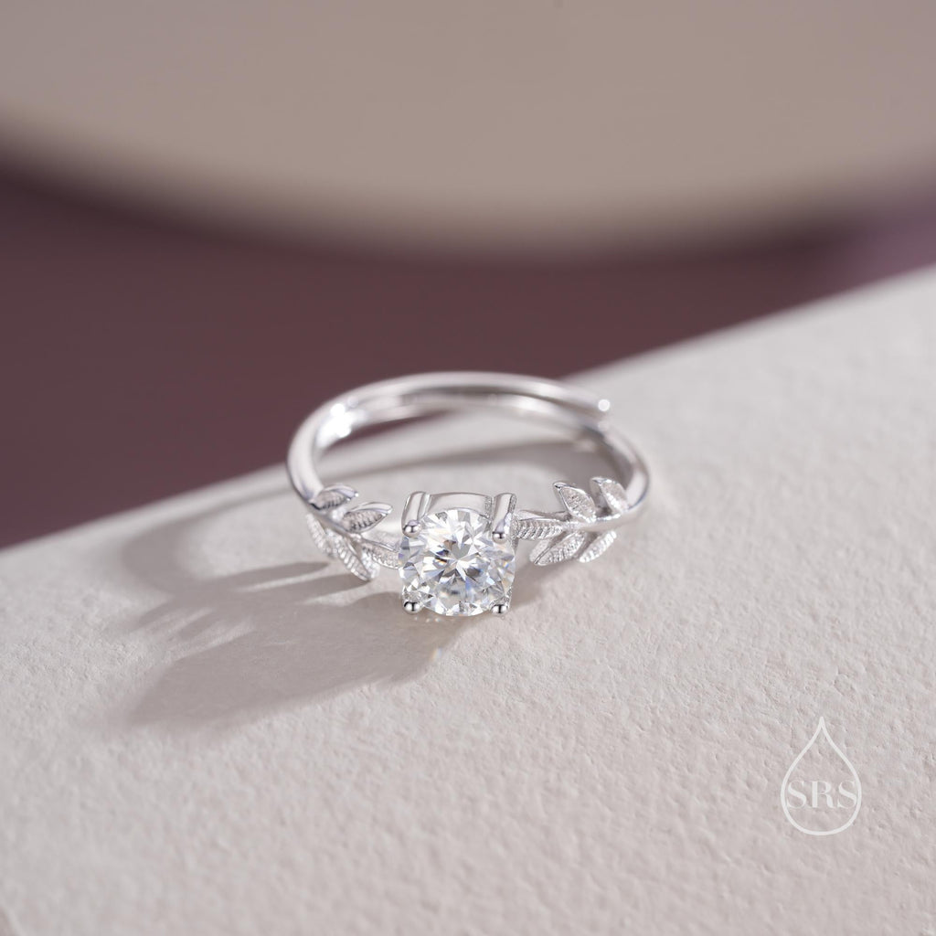 1 Carat Moissanite Stone and Leaf Ring in Sterling Silver, Adjustable Size, Botanical Jewellery