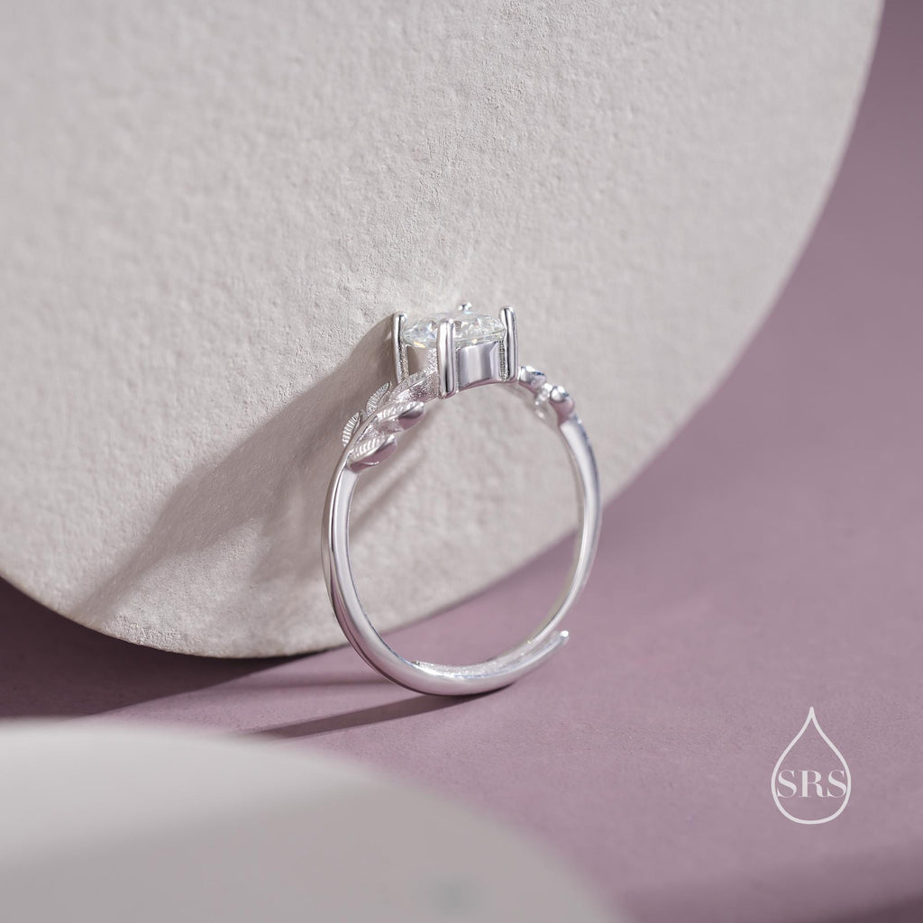 1 Carat Moissanite Stone and Leaf Ring in Sterling Silver, Adjustable Size, Botanical Jewellery