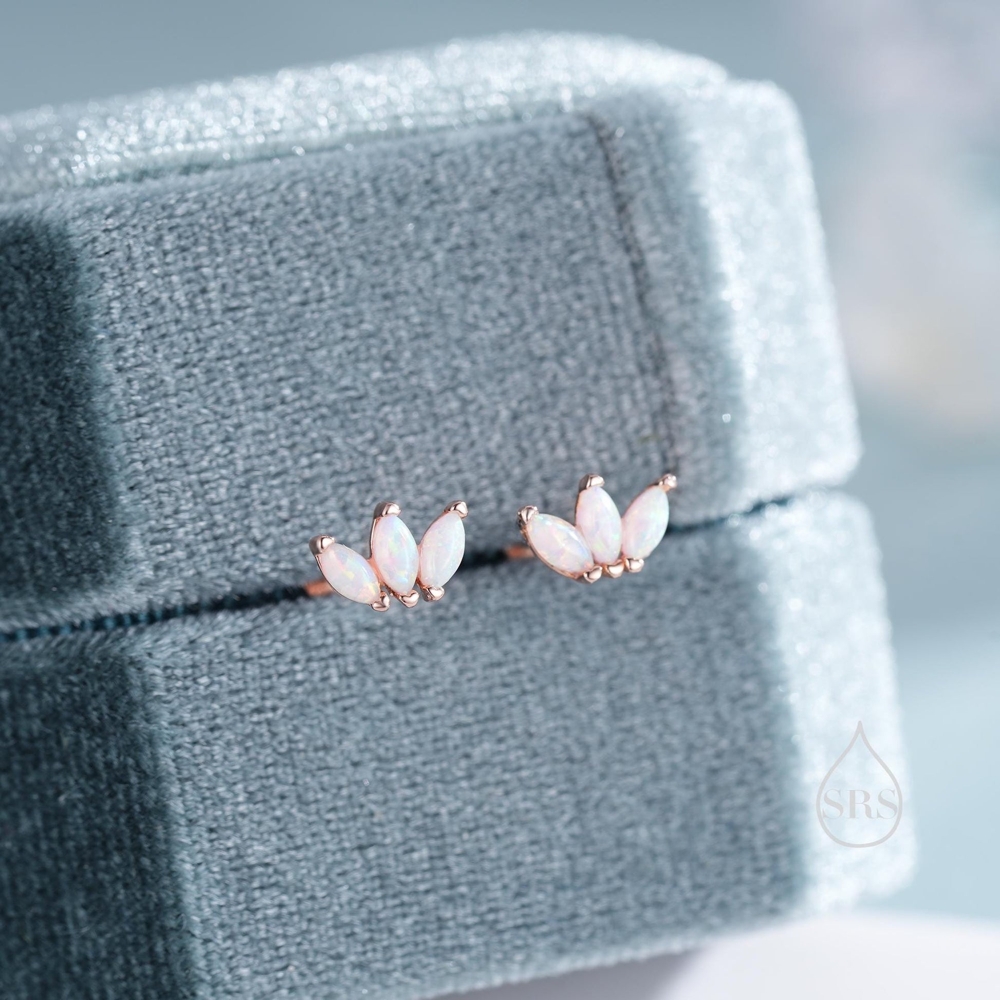 Sterling Silver White Opal Marquise Cluster Internally Threaded Flat Back/ Screw Back / Stud  Earrings, Marquise Fan Stud, Silver or Gold
