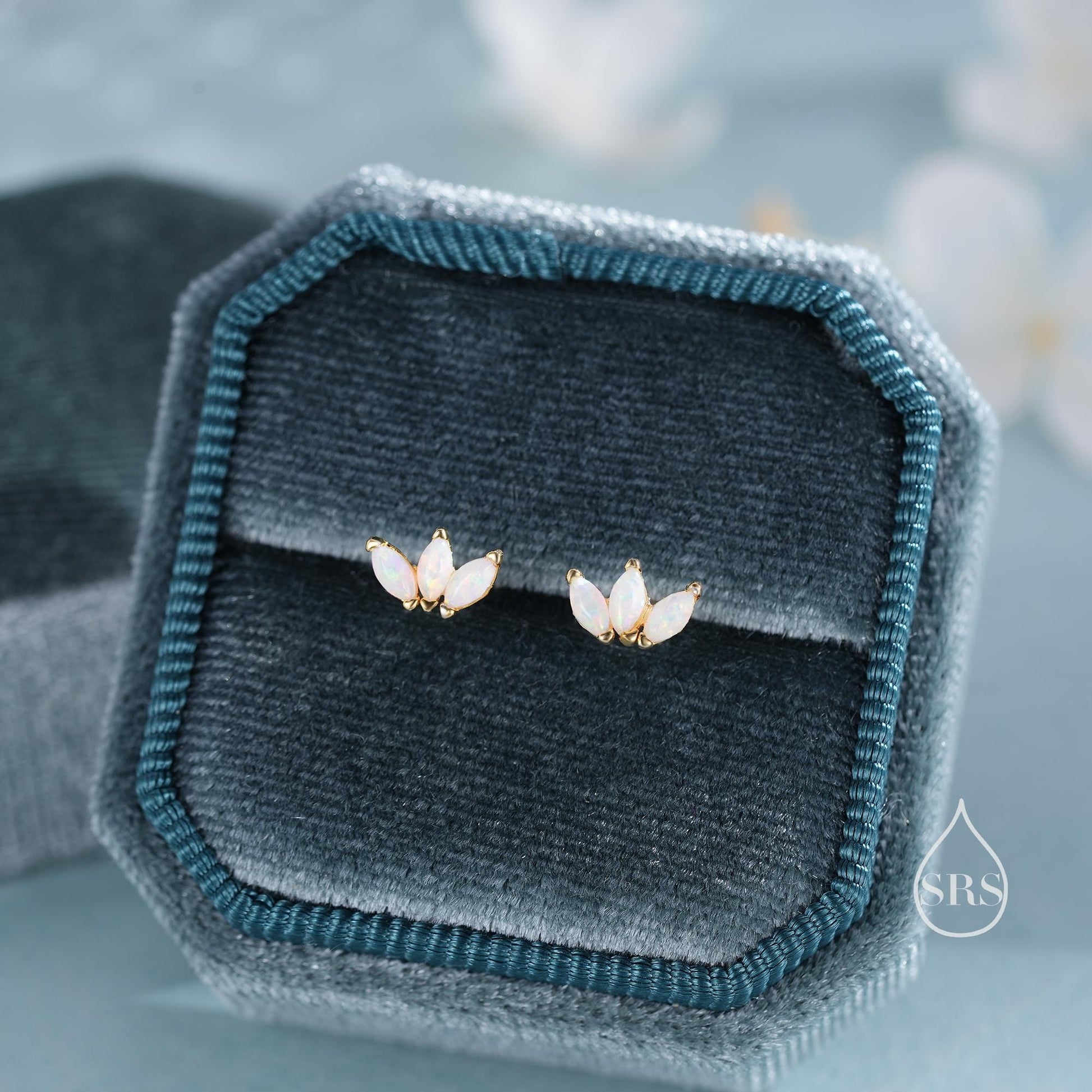 Sterling Silver White Opal Marquise Cluster Internally Threaded Flat Back/ Screw Back / Stud  Earrings, Marquise Fan Stud, Silver or Gold