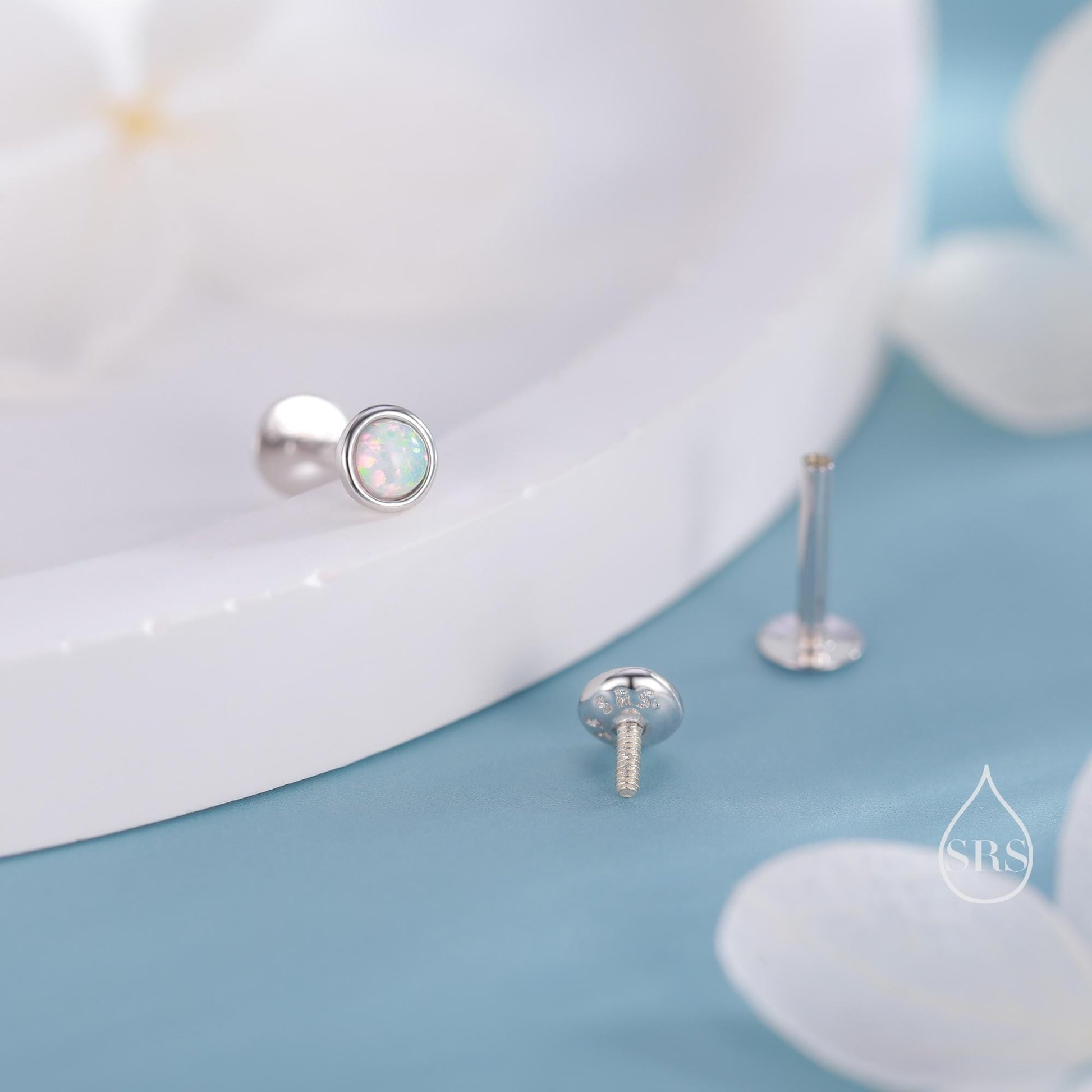 Tiny 3mm White Opal Internally Threaded Flat Back/ Screw Back Earrings in Sterling Silver, Small Opal Stud, White Opal Screw Back Earrings