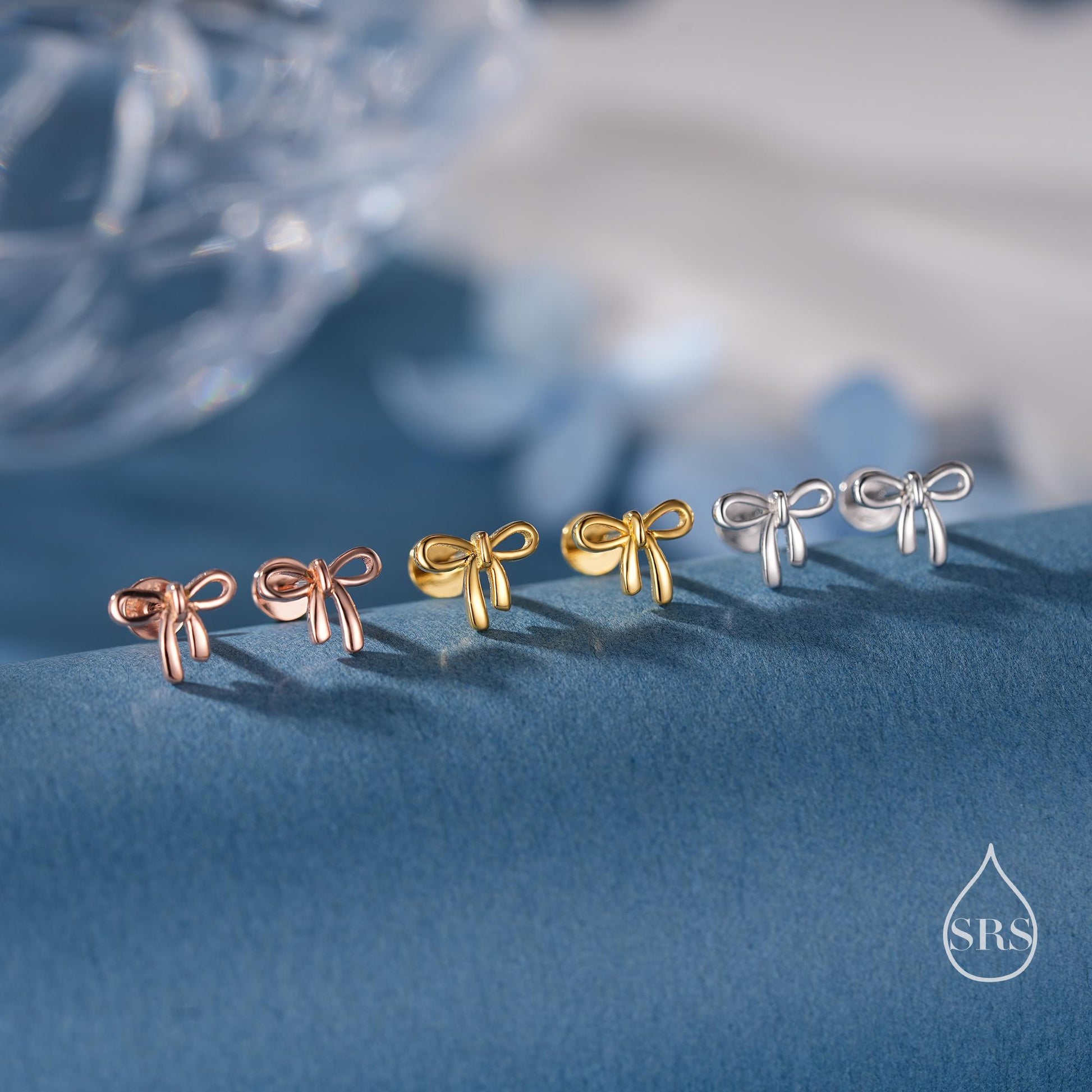 Internally Threaded Ribbon Bow Flat Back/ Screw Back /Stud Earrings in Sterling Silver, Silver or Gold,  Dainty Earrings
