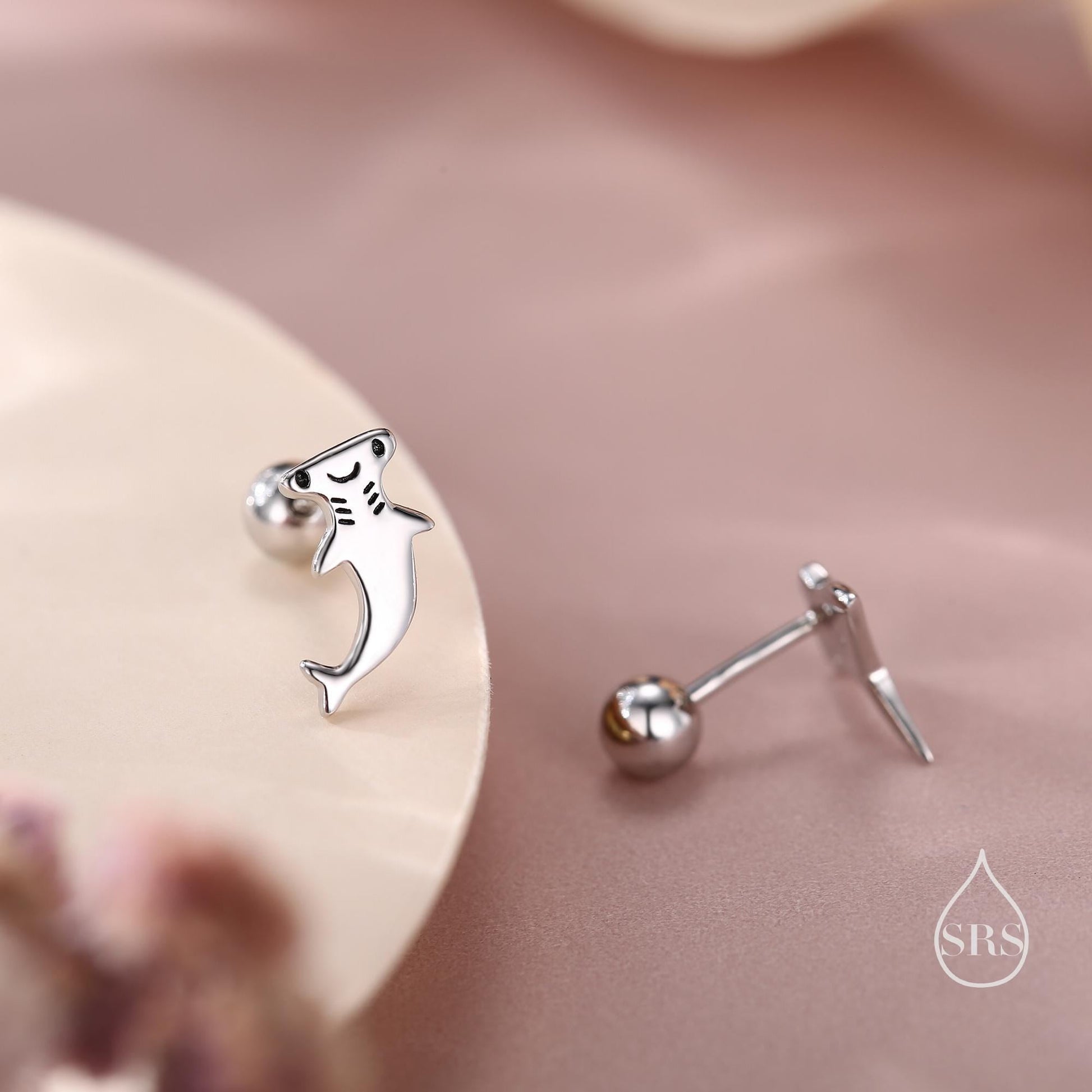 Mismatched Kawaii Hammerhead Shark & Manta Ray Earrings in Sterling Silver, Gold or Rose Gold. Available in Stud, Screw Back, Hoop, Flatback