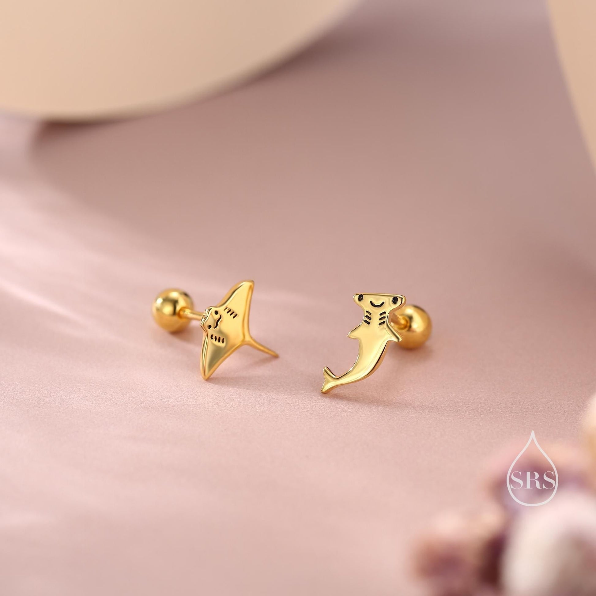 Mismatched Kawaii Hammerhead Shark & Manta Ray Earrings in Sterling Silver, Gold or Rose Gold. Available in Stud, Screw Back, Hoop, Flatback