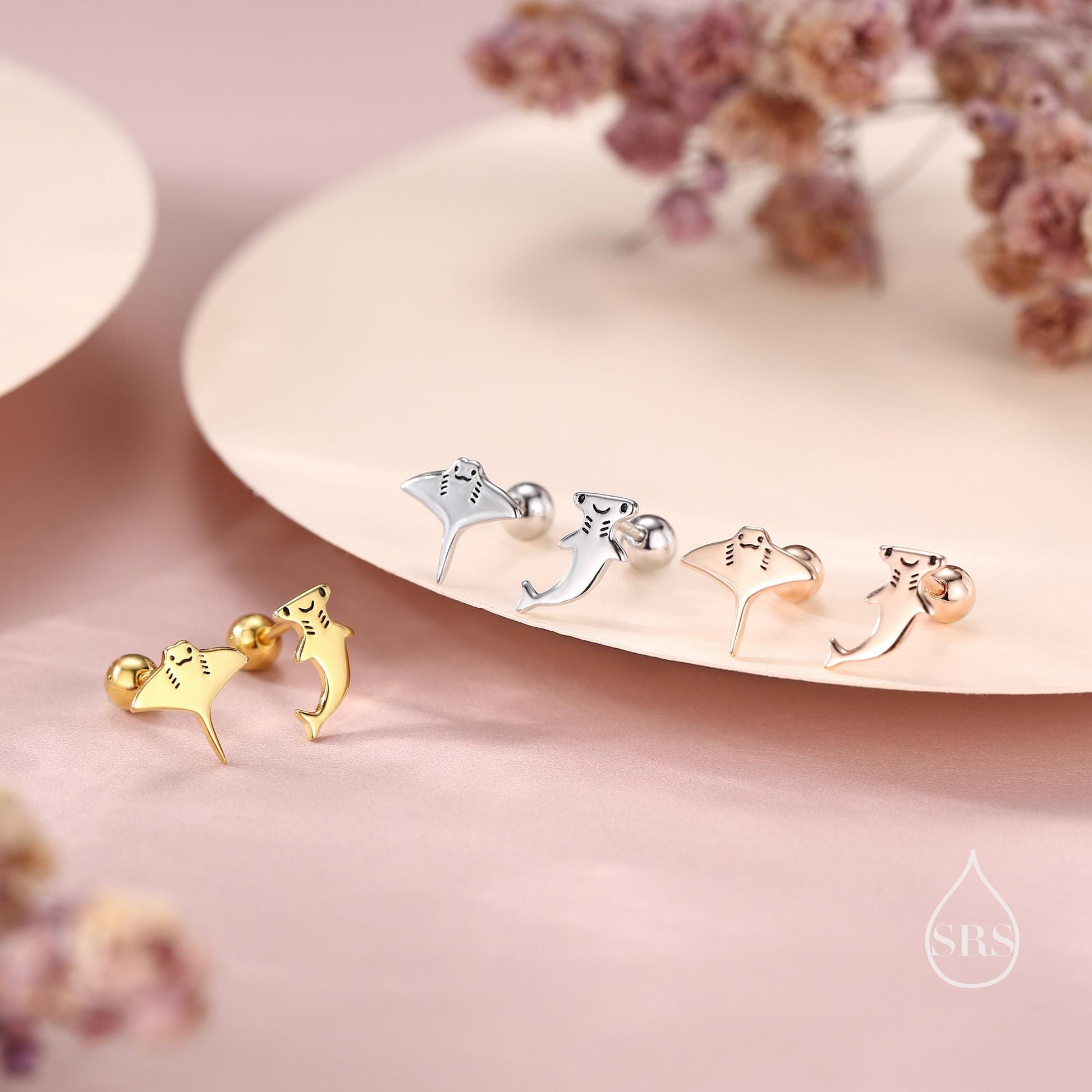 Mismatched Kawaii Hammerhead Shark & Manta Ray Earrings in Sterling Silver, Gold or Rose Gold. Available in Stud, Screw Back, Hoop, Flatback