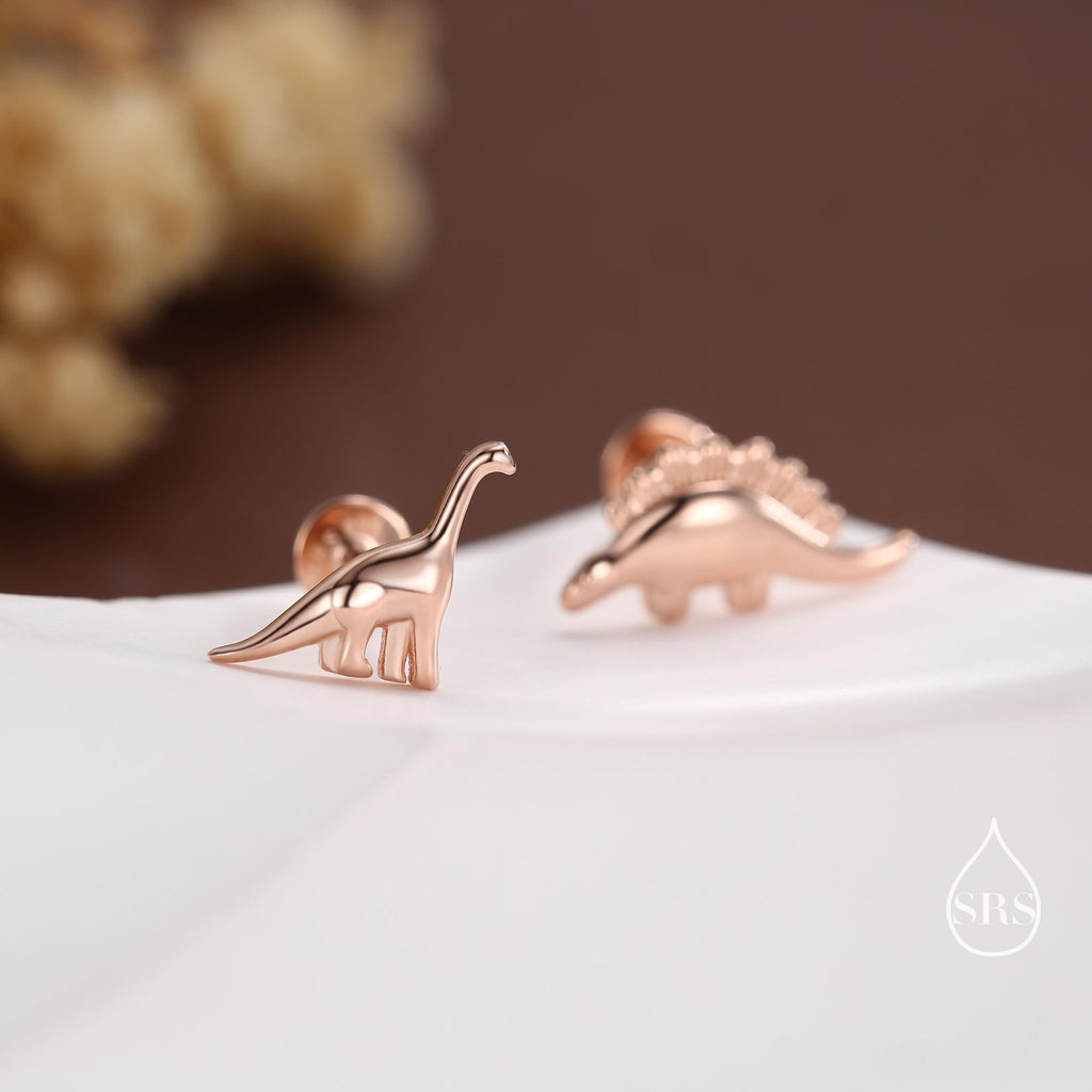 Mismatched Dinosaur Internally Threaded Flat Back /Screw Back / Stud Earrings in Sterling Silver, Silver or Gold or Rose Gold,  Asymmetric