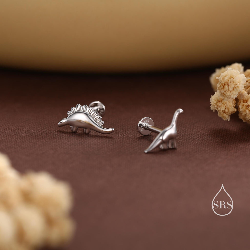 Mismatched Dinosaur Internally Threaded Flat Back /Screw Back / Stud Earrings in Sterling Silver, Silver or Gold or Rose Gold,  Asymmetric