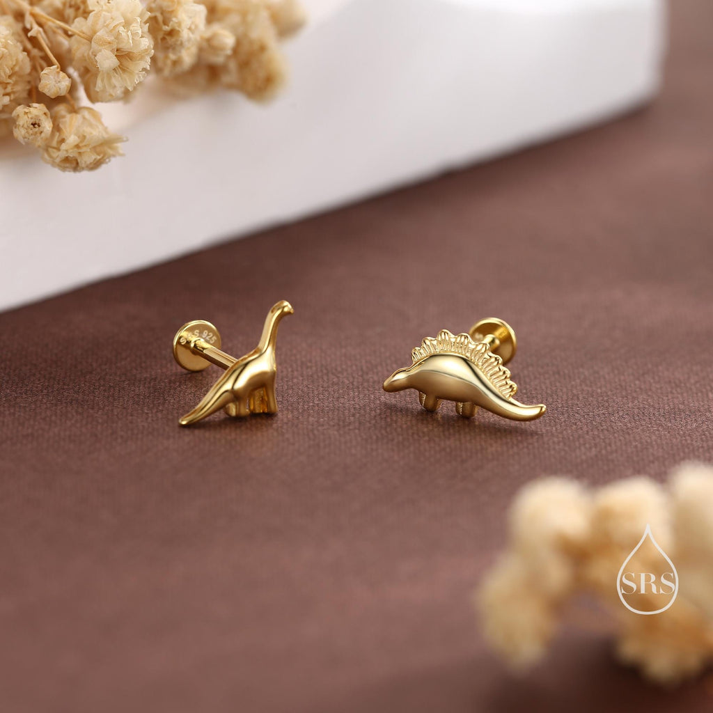 Mismatched Dinosaur Internally Threaded Flat Back /Screw Back / Stud Earrings in Sterling Silver, Silver or Gold or Rose Gold,  Asymmetric
