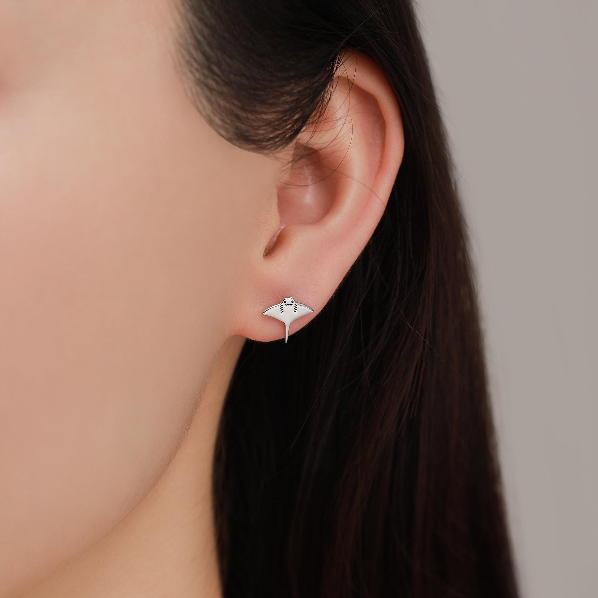Mismatched Kawaii Hammerhead Shark & Manta Ray Earrings in Sterling Silver, Gold or Rose Gold. Available in Stud, Screw Back, Hoop, Flatback