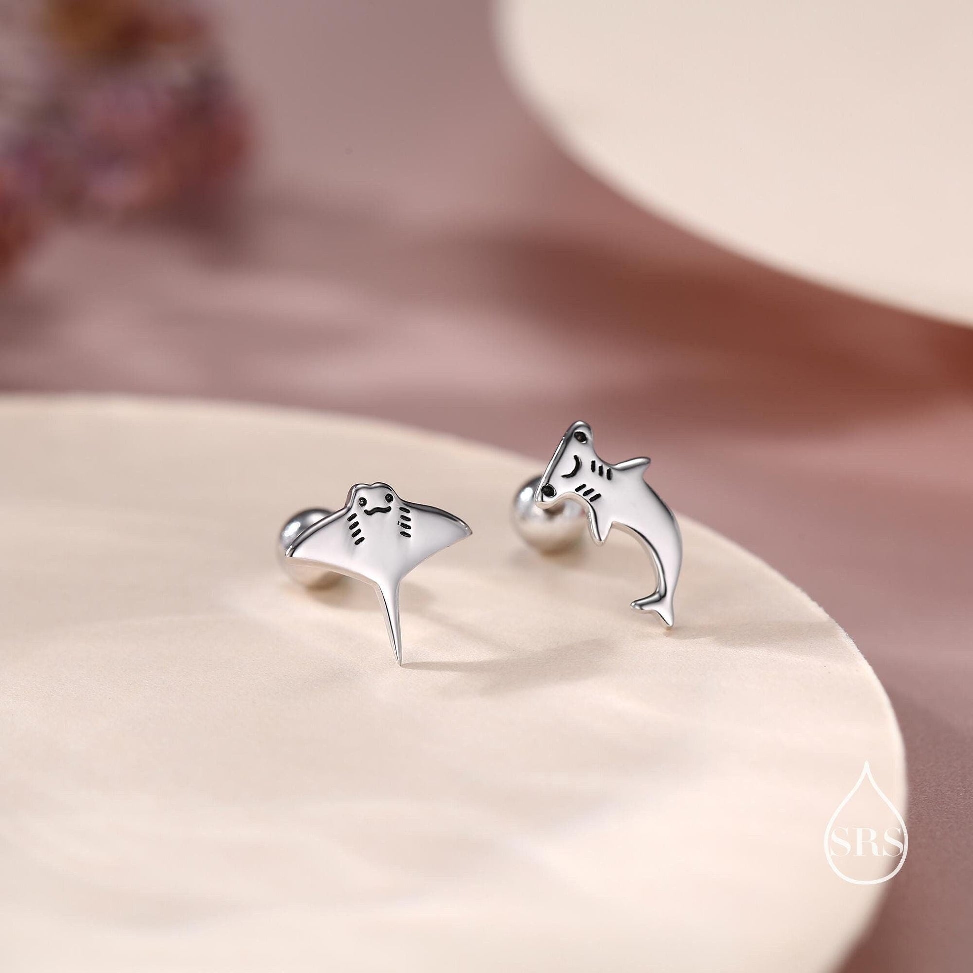 Mismatched Kawaii Hammerhead Shark & Manta Ray Earrings in Sterling Silver, Gold or Rose Gold. Available in Stud, Screw Back, Hoop, Flatback