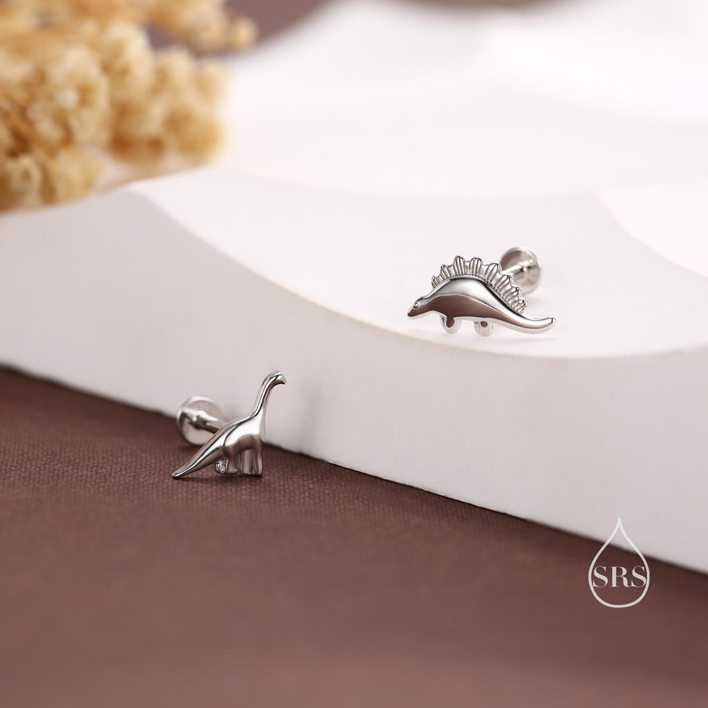 Mismatched Dinosaur Internally Threaded Flat Back /Screw Back / Stud Earrings in Sterling Silver, Silver or Gold or Rose Gold,  Asymmetric