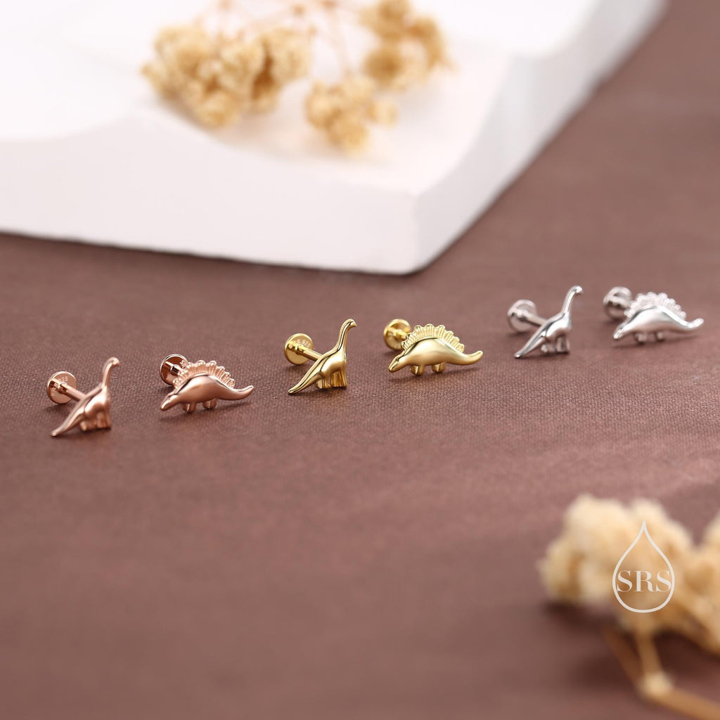 Mismatched Dinosaur Internally Threaded Flat Back /Screw Back / Stud Earrings in Sterling Silver, Silver or Gold or Rose Gold,  Asymmetric
