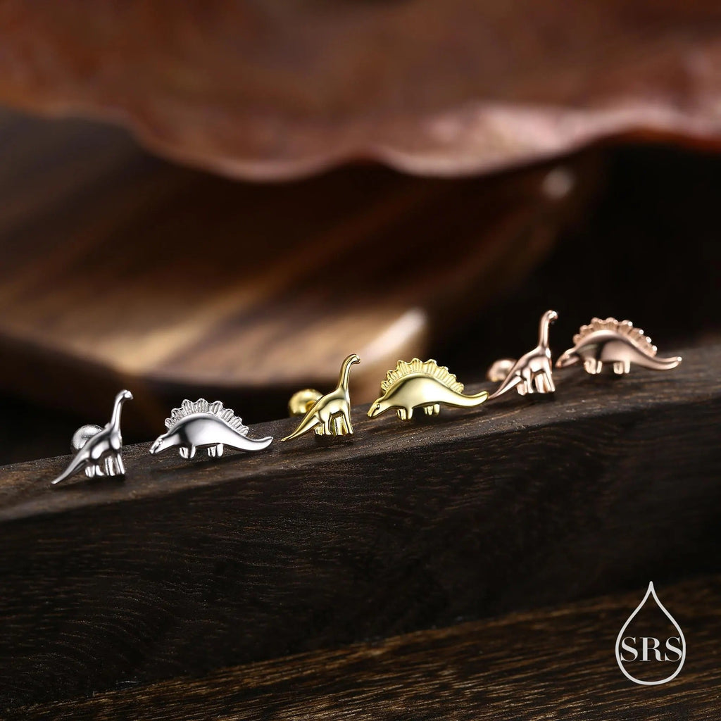 Mismatched Dinosaur Internally Threaded Flat Back /Screw Back / Stud Earrings in Sterling Silver, Silver or Gold or Rose Gold,  Asymmetric