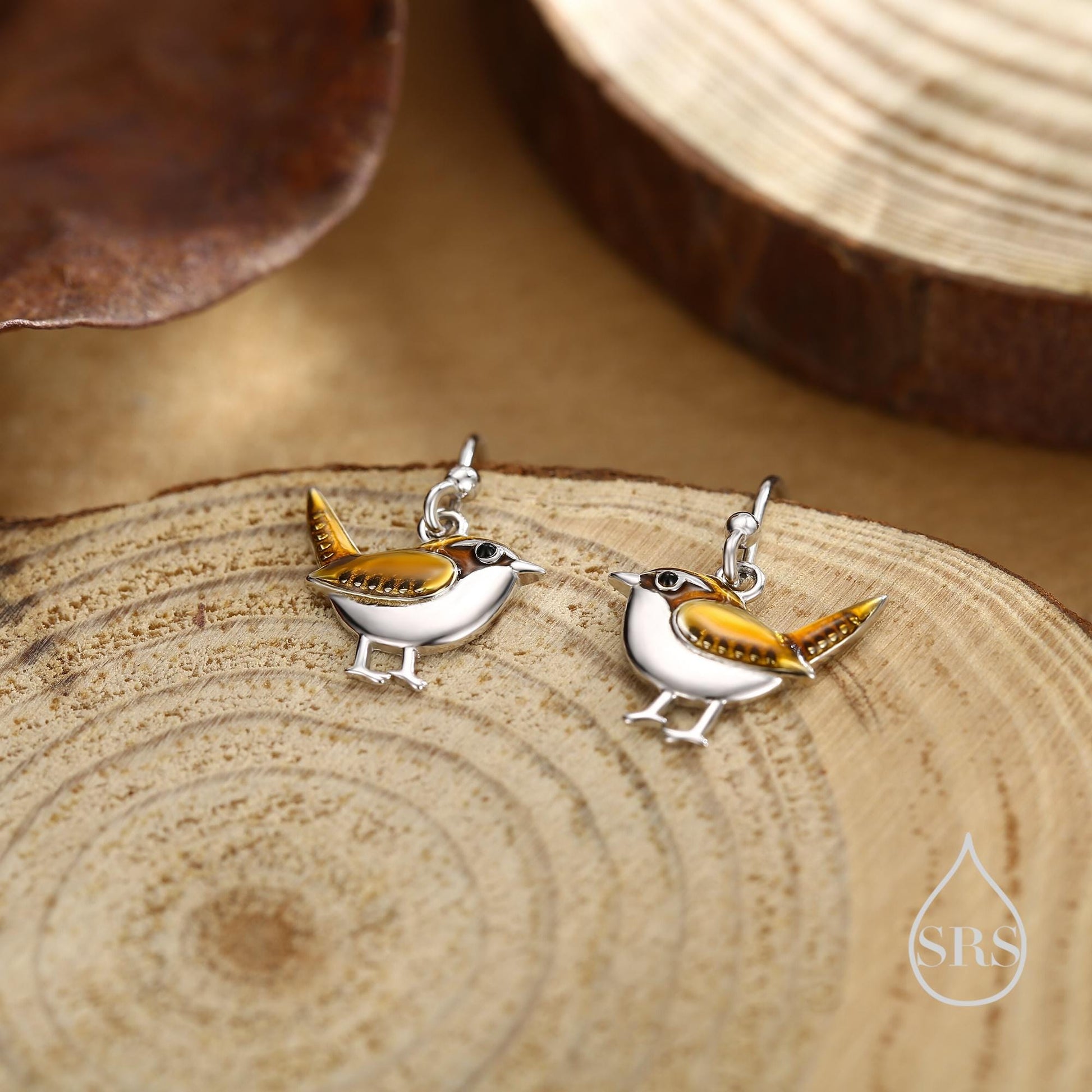 Sterling Silver Wren Bird Drop Hook Earrings Earrings, Silver Wren Earrings,  Cute Sparrow Earrings