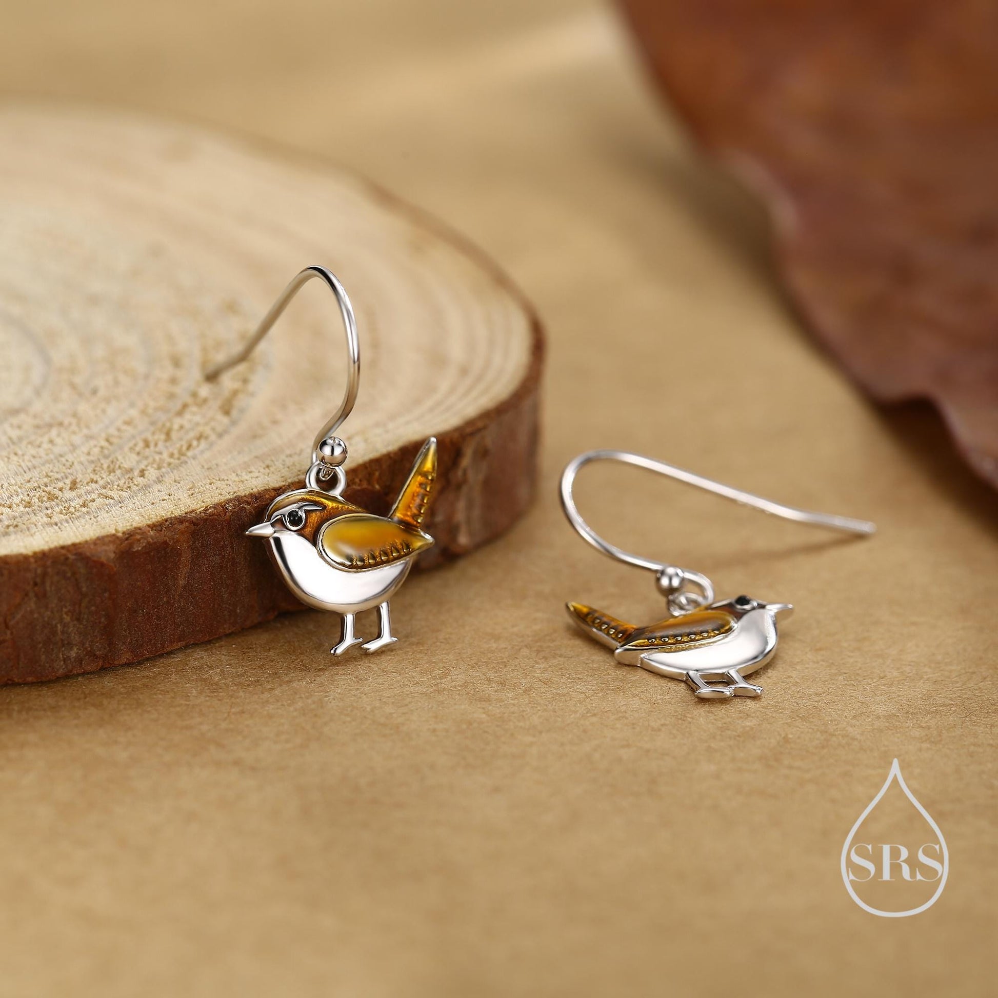 Sterling Silver Wren Bird Drop Hook Earrings Earrings, Silver Wren Earrings,  Cute Sparrow Earrings