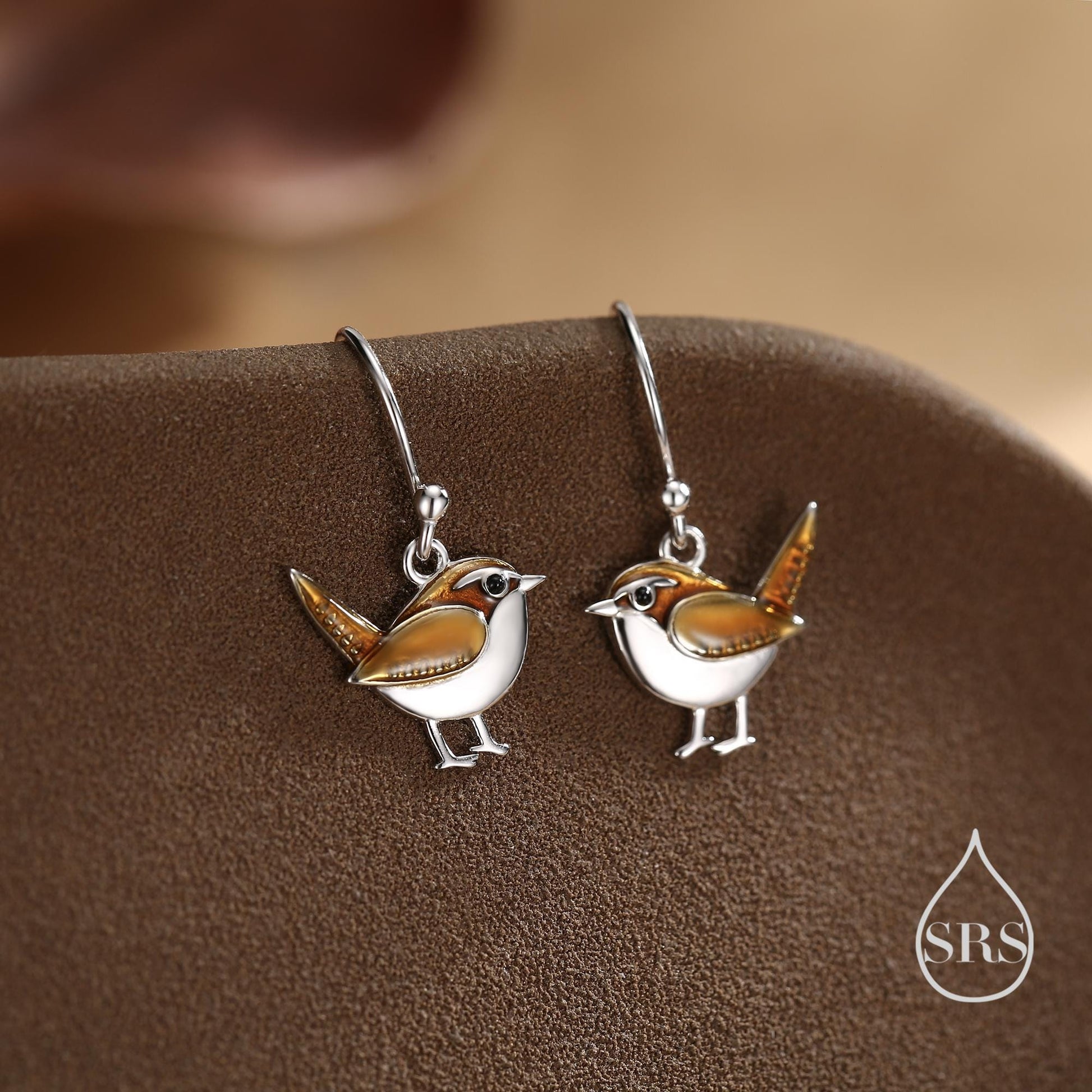 Sterling Silver Wren Bird Drop Hook Earrings Earrings, Silver Wren Earrings,  Cute Sparrow Earrings