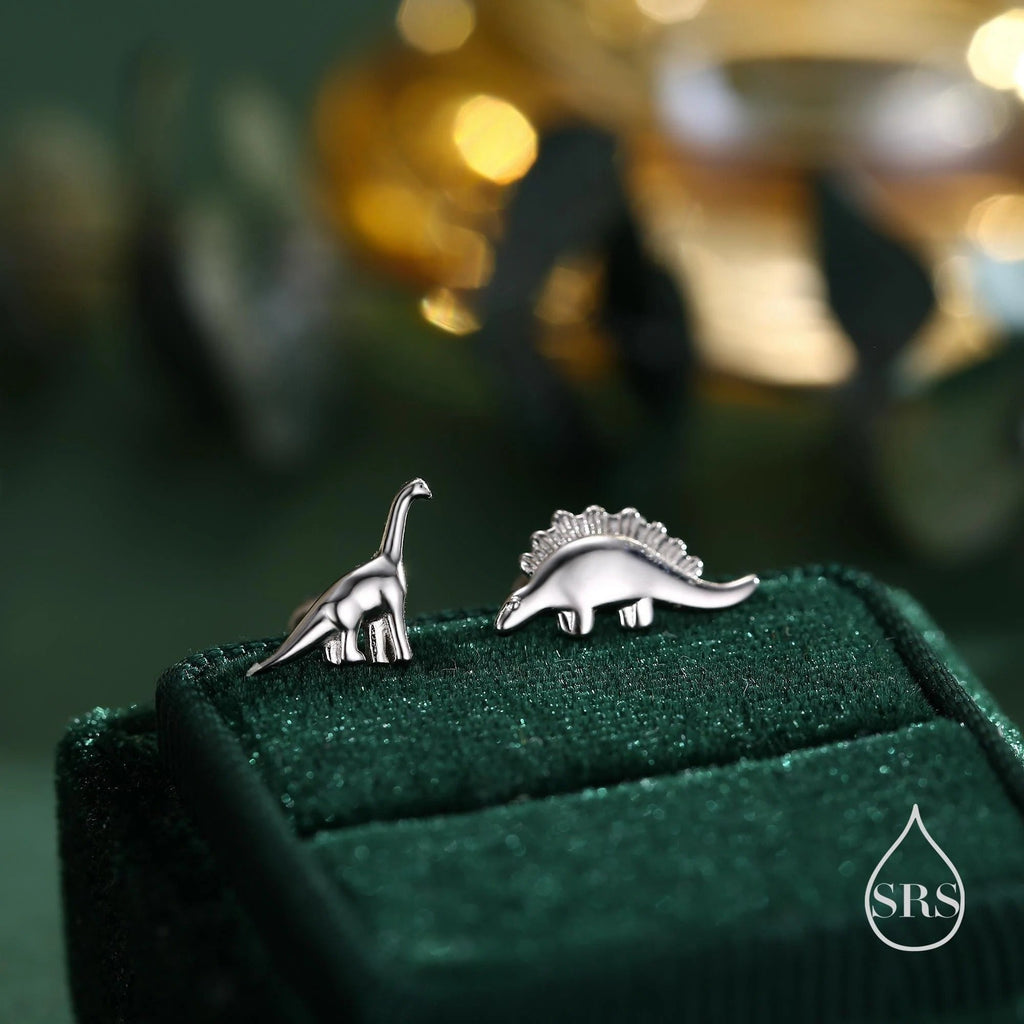 Mismatched Dinosaur Internally Threaded Flat Back /Screw Back / Stud Earrings in Sterling Silver, Silver or Gold or Rose Gold,  Asymmetric