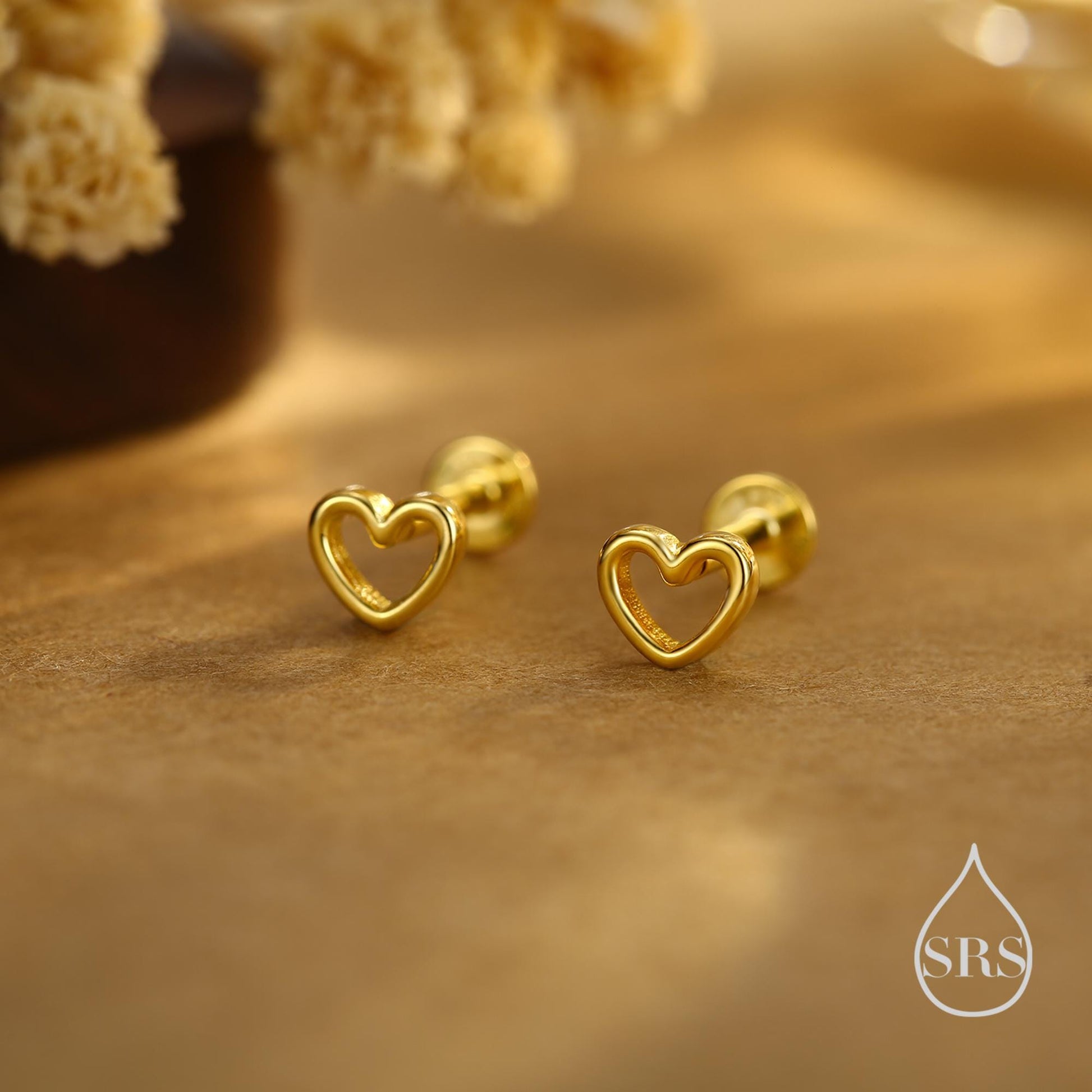 Tiny Open Heart Flat Back / Screw Back Earrings in Sterling Silver, Silver, Gold or Rose Gold, Geometric Minimalist Design