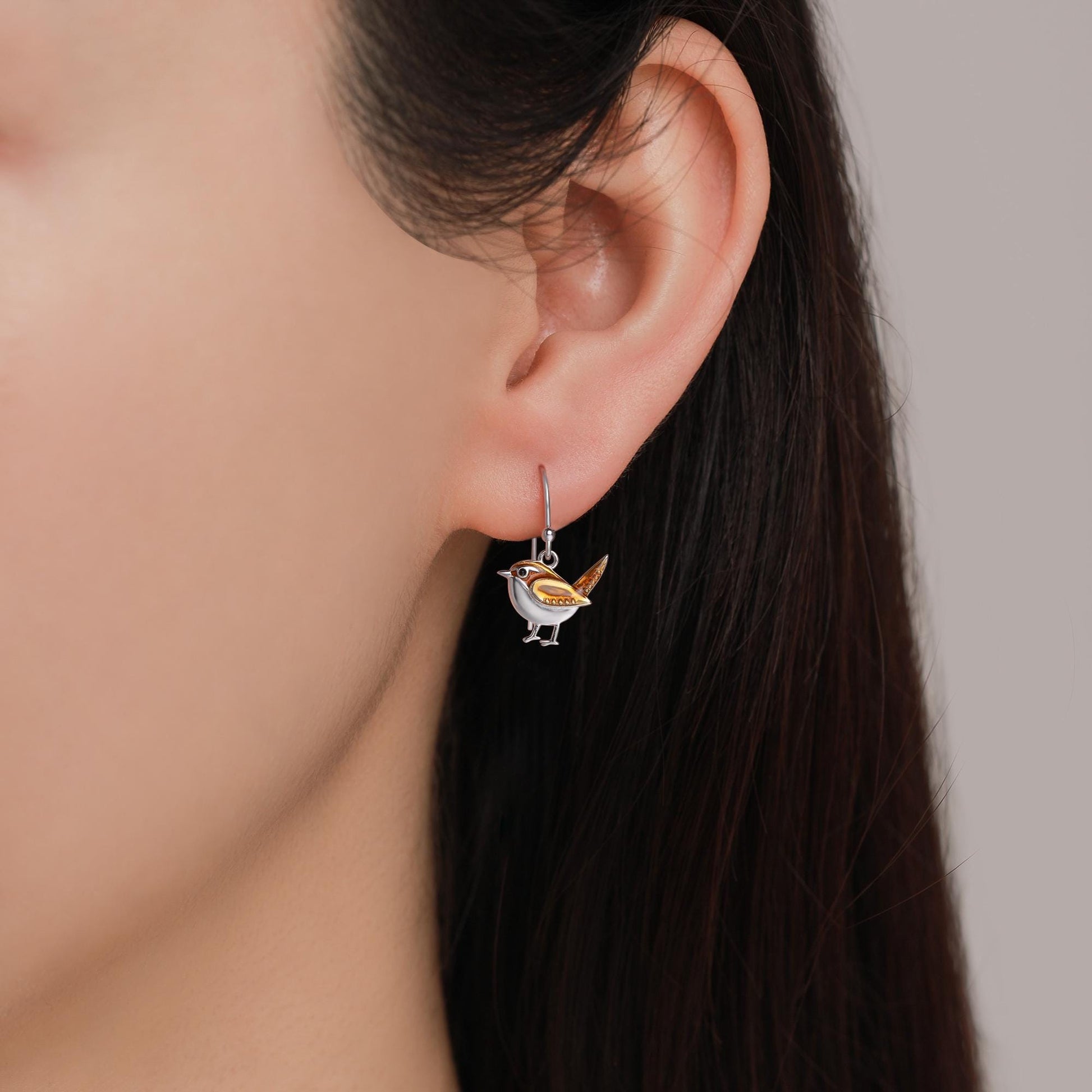 Sterling Silver Wren Bird Drop Hook Earrings Earrings, Silver Wren Earrings,  Cute Sparrow Earrings