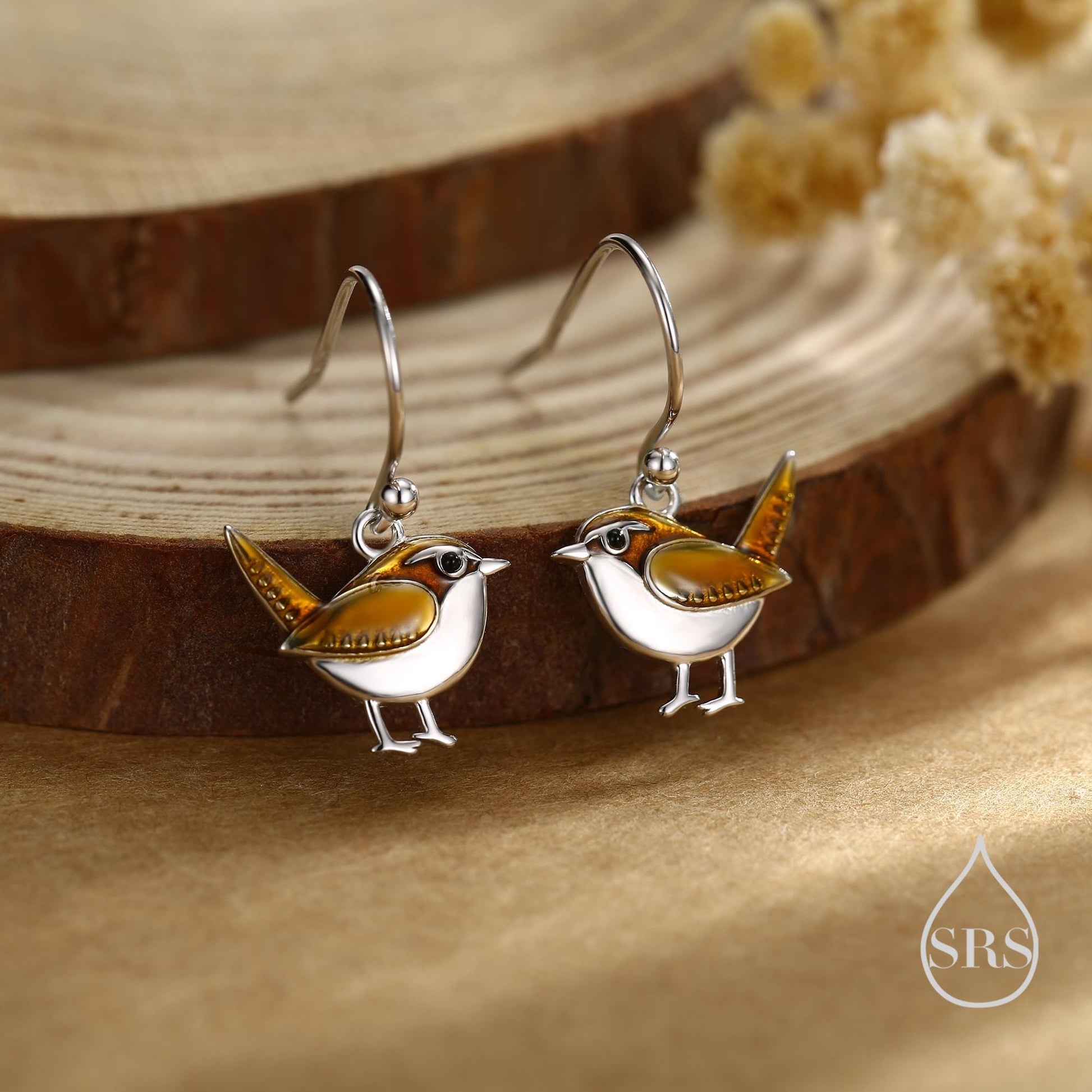 Sterling Silver Wren Bird Drop Hook Earrings Earrings, Silver Wren Earrings,  Cute Sparrow Earrings